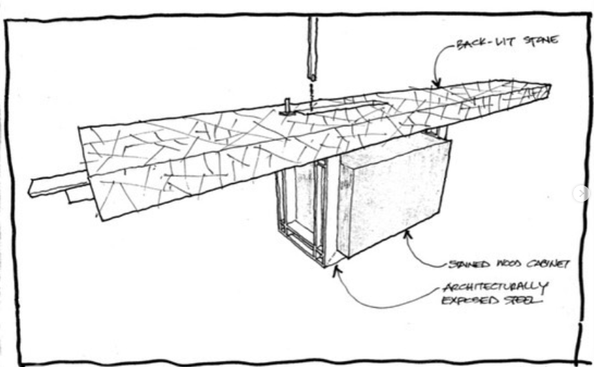 Sketch of a freestanding bar design showing a back-lit stone on top of a wood and steel structure with labeled components.