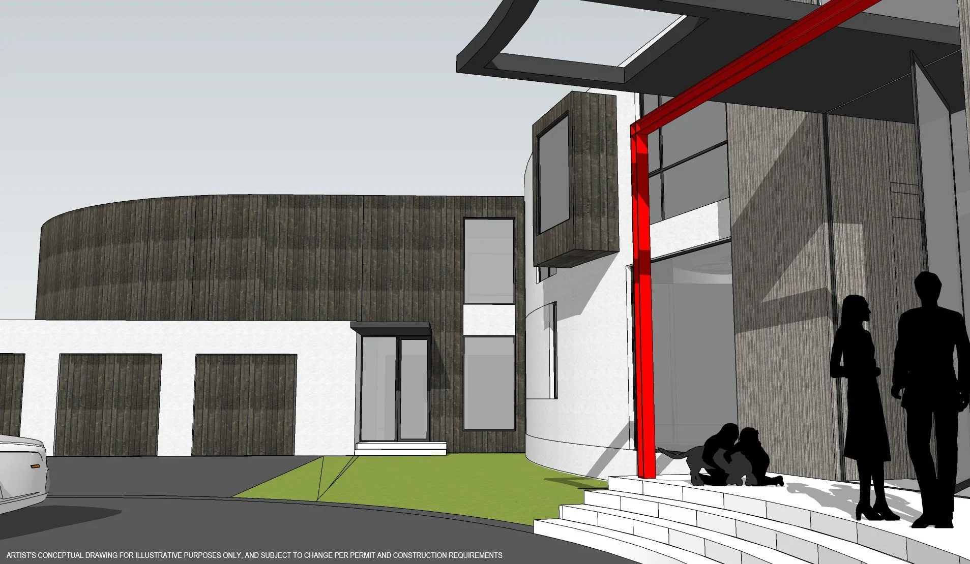 A modern, multi-level house with a curved design, surrounded by trees and landscaped terrain. Features a rectangular swimming pool, a circular paved area, and an outdoor seating space. There is a driveway with a car parked on it.