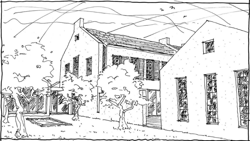Black and white sketch of a two-story house with large windows, surrounded by trees and a fence, with clouds overhead.