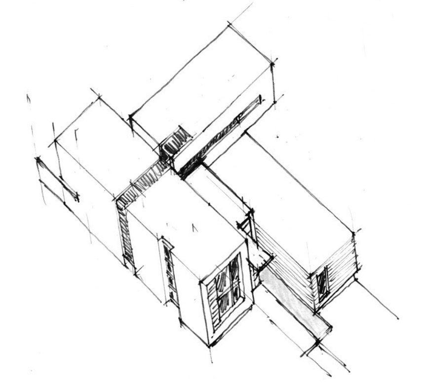 Axonometric sketch of a modern house with multiple connected rectangular sections, including windows, doors, and roof outlines.