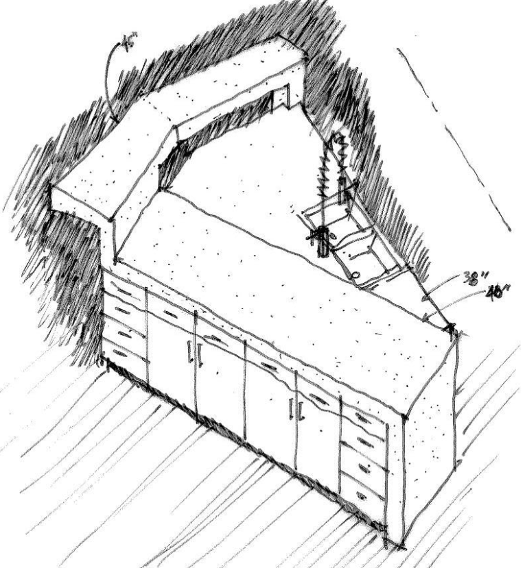 Sketch of kitchen island with dimensions, lower cabinets, countertop, and a small sink area.