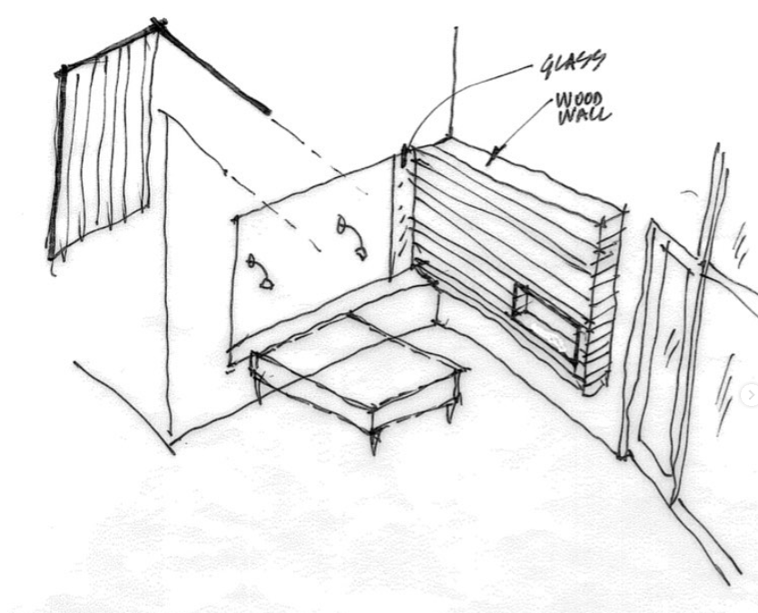 Sketch of a bedroom with a sofa, and a wood wall. There are glass windows and a curtain on the left side.