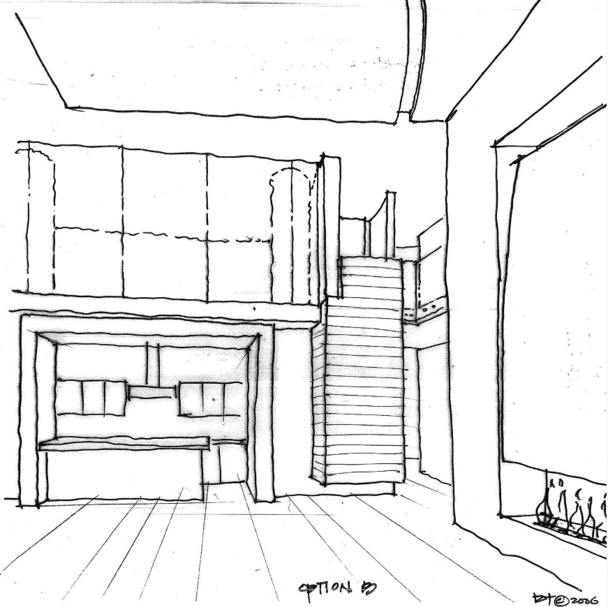 Pen line drawing of a two story living room with a staircase, fireplace, and high ceiling in a modern penthouse