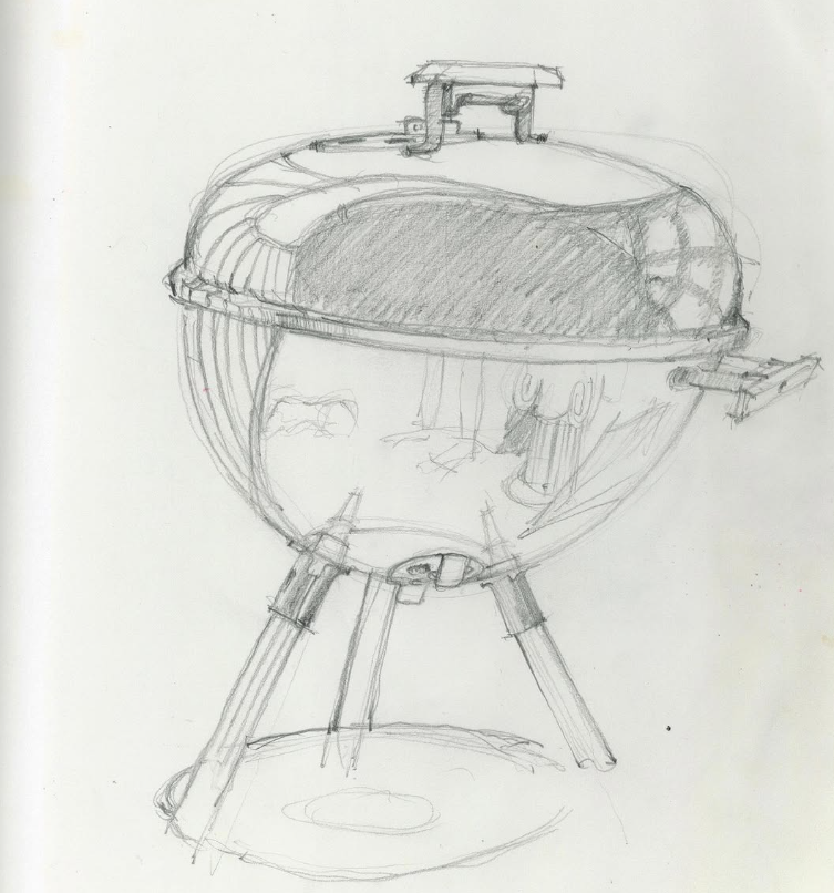 Sketch of a round barbecue grill with three legs, a lid on top, and side handle, in pencil