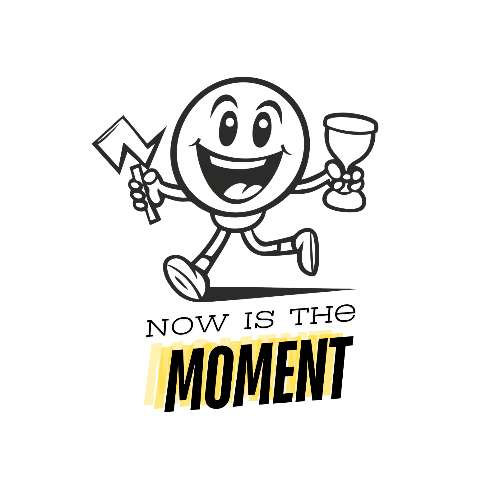 Ein lachender Kreischarakter läuft mit einem Feuerwerk und einem Weinglas in den Händen. Darunter steht der Text 'Now is the moment'.