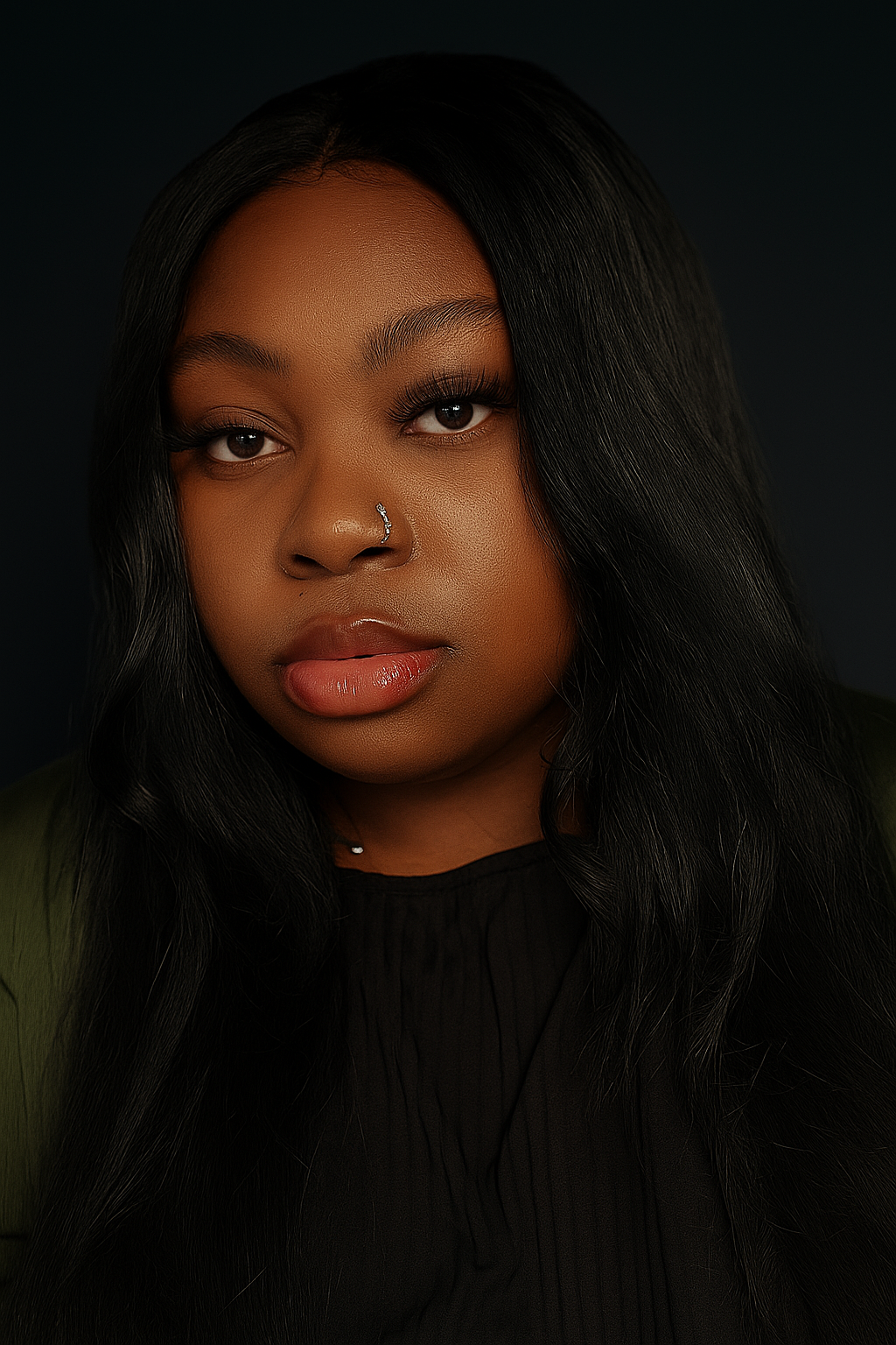 Close-up portrait of a young Black woman with long wavy black hair, brown eyes, and a nose piercing, wearing natural makeup and a black top, against a dark background.