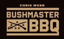 Bushmaster BBQ logo with a brown background, featuring a star, crossed axes, and a chef's hat.