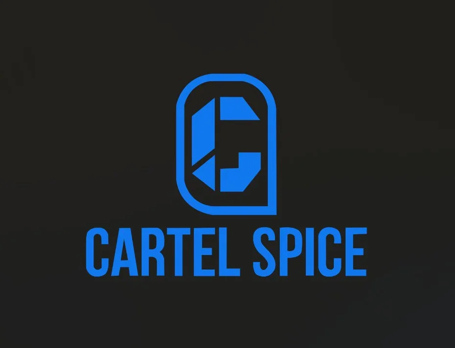 A logo with a black background featuring a stylized blue shield and the text 'CARTEL SPICE' below it.
