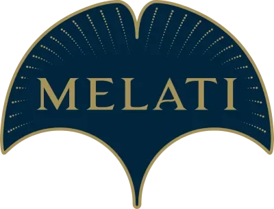 Melati logo with a stylized bat shape and gold accents.