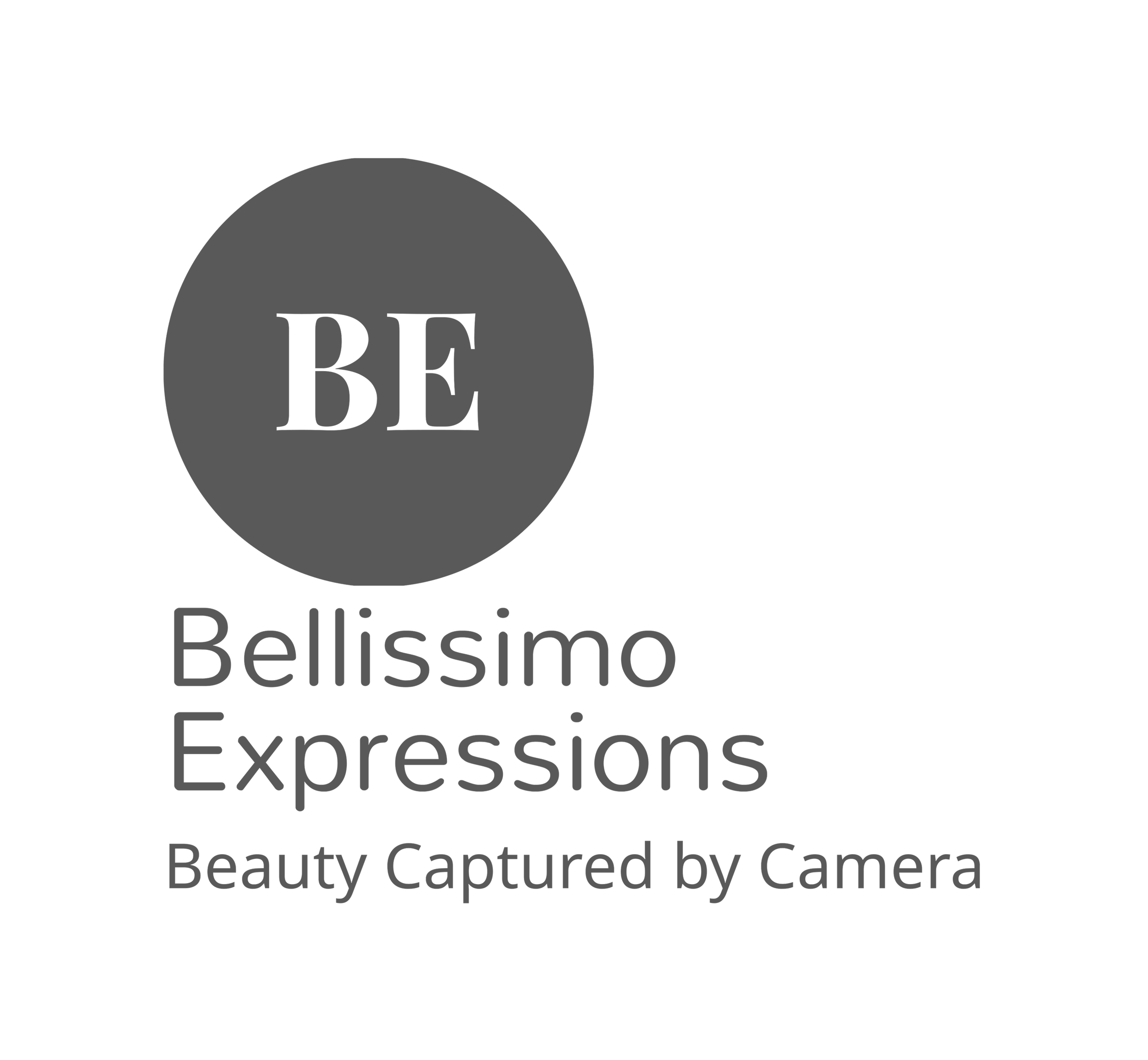 Text overlay on black background with a gray circle that reads 'BE', and underneath the words 'Belissimo Expressions' and 'Beauty Captured by Camera'.