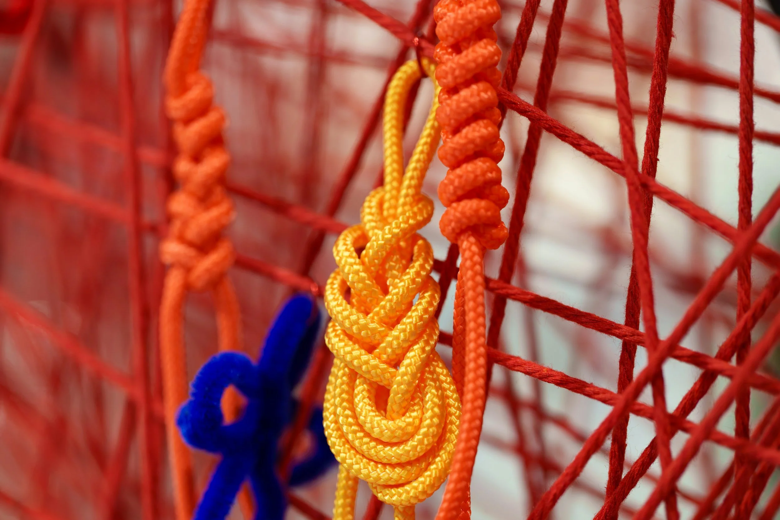 Close-up of colorful ropes tied in knots on a red wire mesh.