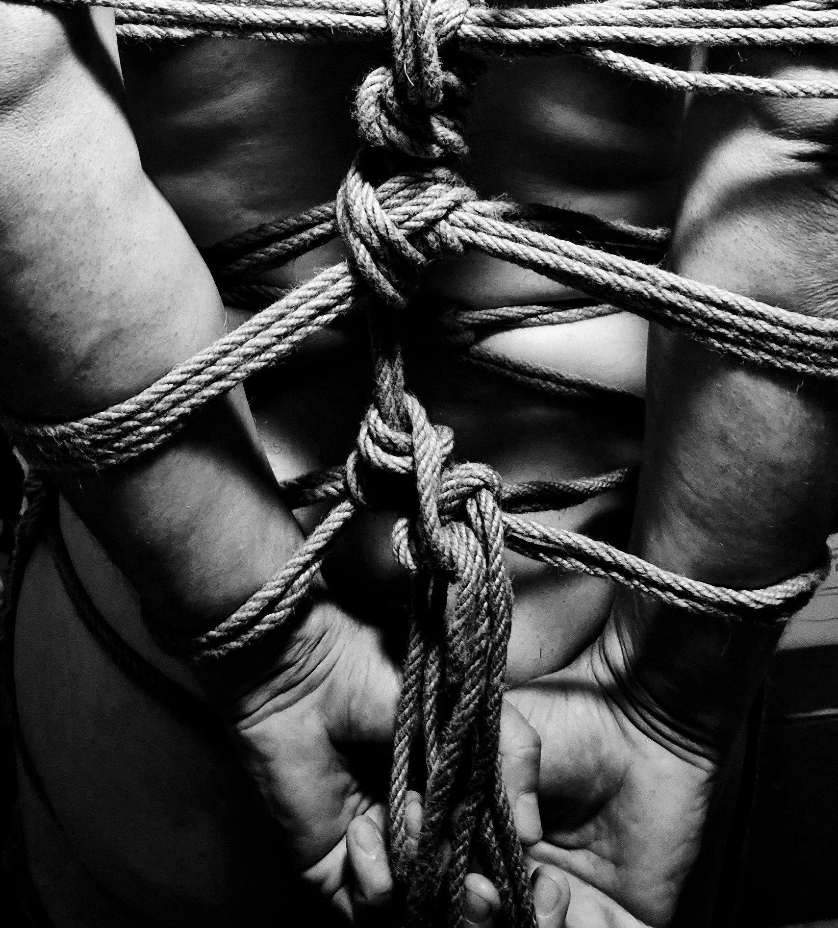 A person's hands tied with thick ropes in a complex knot.