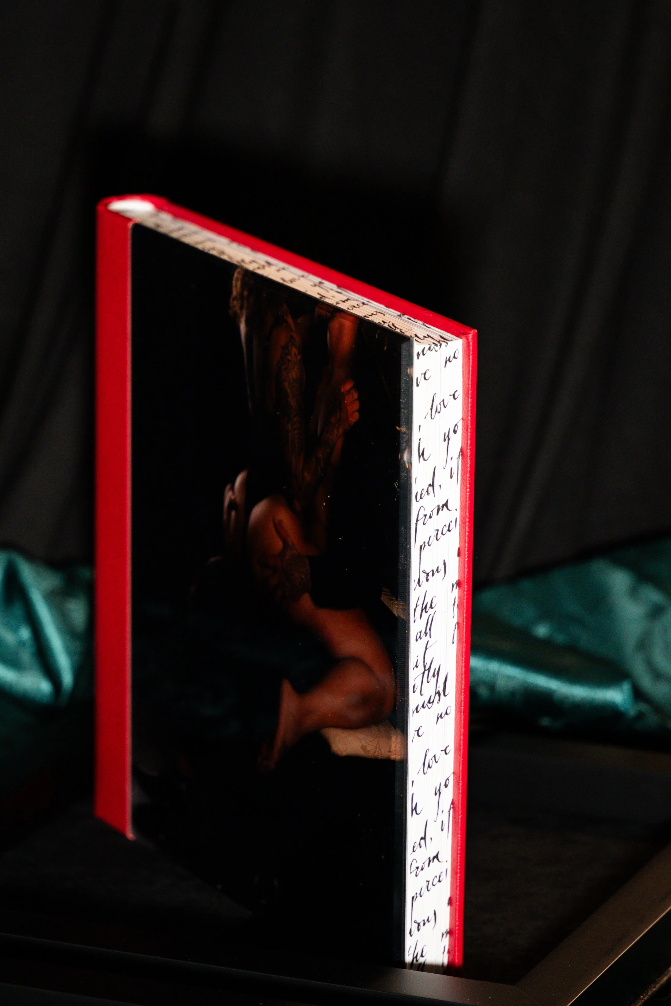 A 12x12 photo album that is red-bordered with handwritten text on the side, positioned against a dark background.