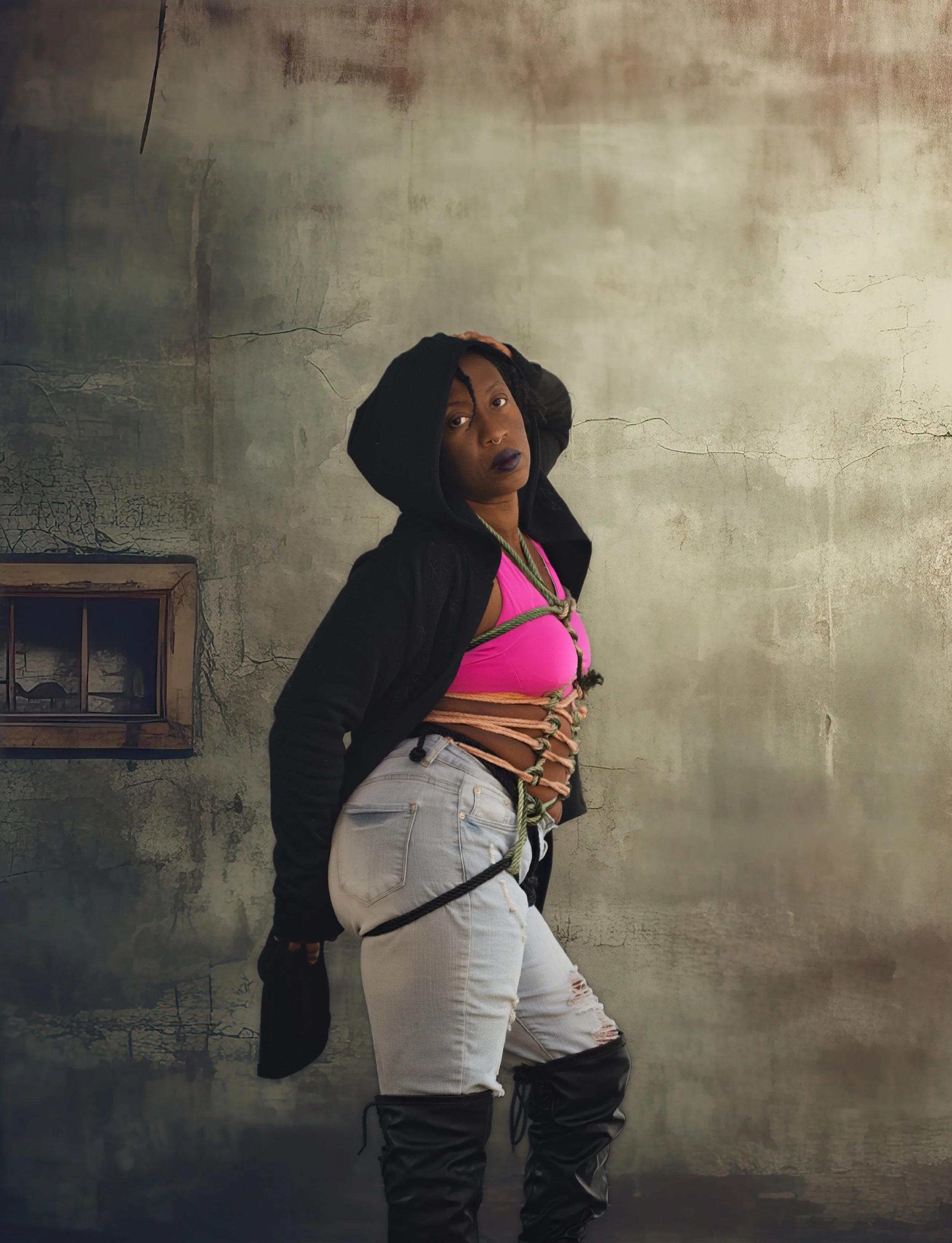 Woman with dark lipstick and a septum piercing, wearing a pink top, beige pants, a black jacket, and black boots, standing against a cracked, weathered wall, with her hand on her head and a rope tied around her waist.