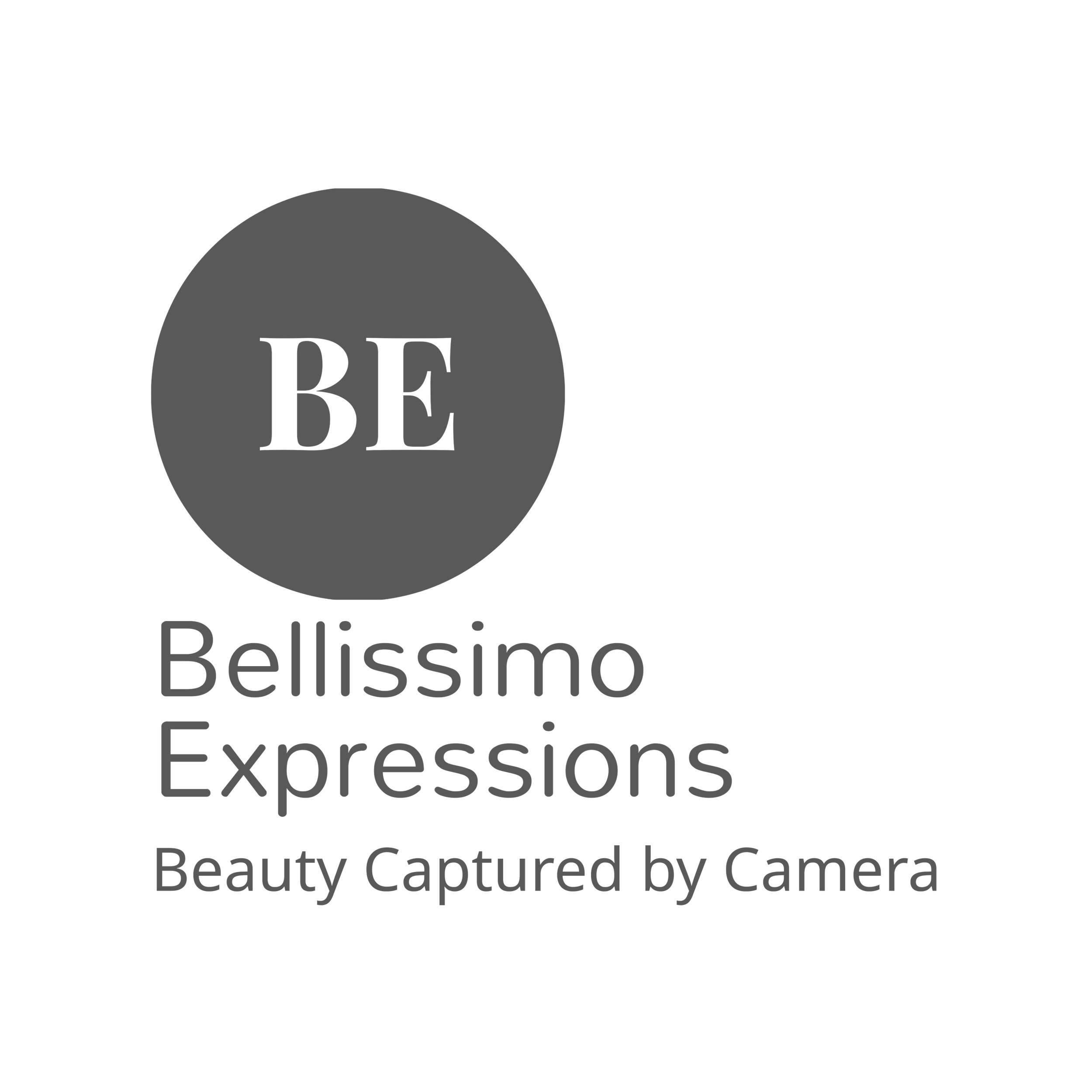 Black and white logo with a gray circle containing the black letters 'BE' and the text 'Bellissimo Expressions' underneath.