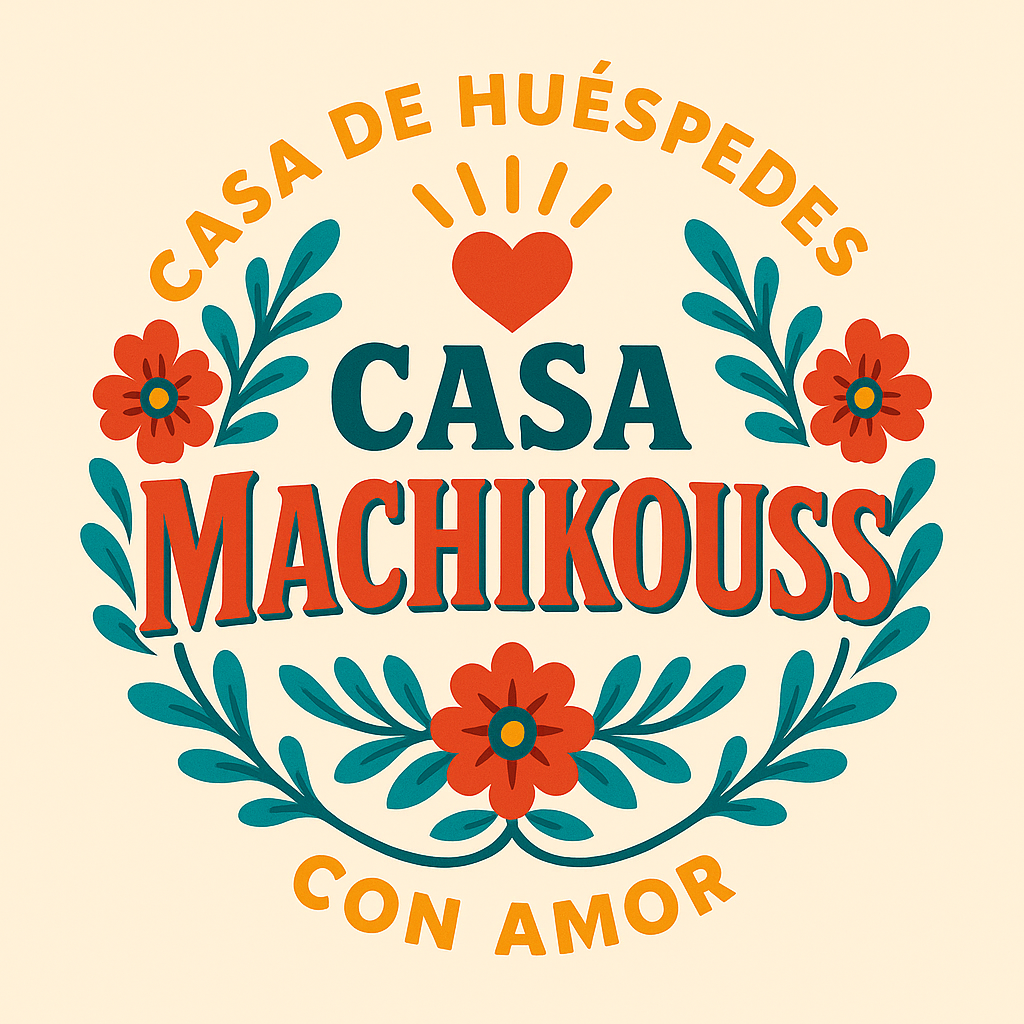 Logotipo de la Casa de Huéspedes Casa Machkouss con diseño floral y mensaje de bienvenida con amor.