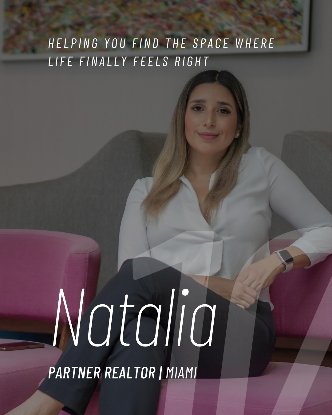 A woman sitting on a pink sofa in a modern office space, smiling with her arms resting on her lap, wearing a white blazer, black pants, a smartwatch, and beige heels. Overlay text introduces her as Natalia Fernandez, a brand ambassador in Miami. The text includes her name and a quote about luxury, with additional branding and location information.