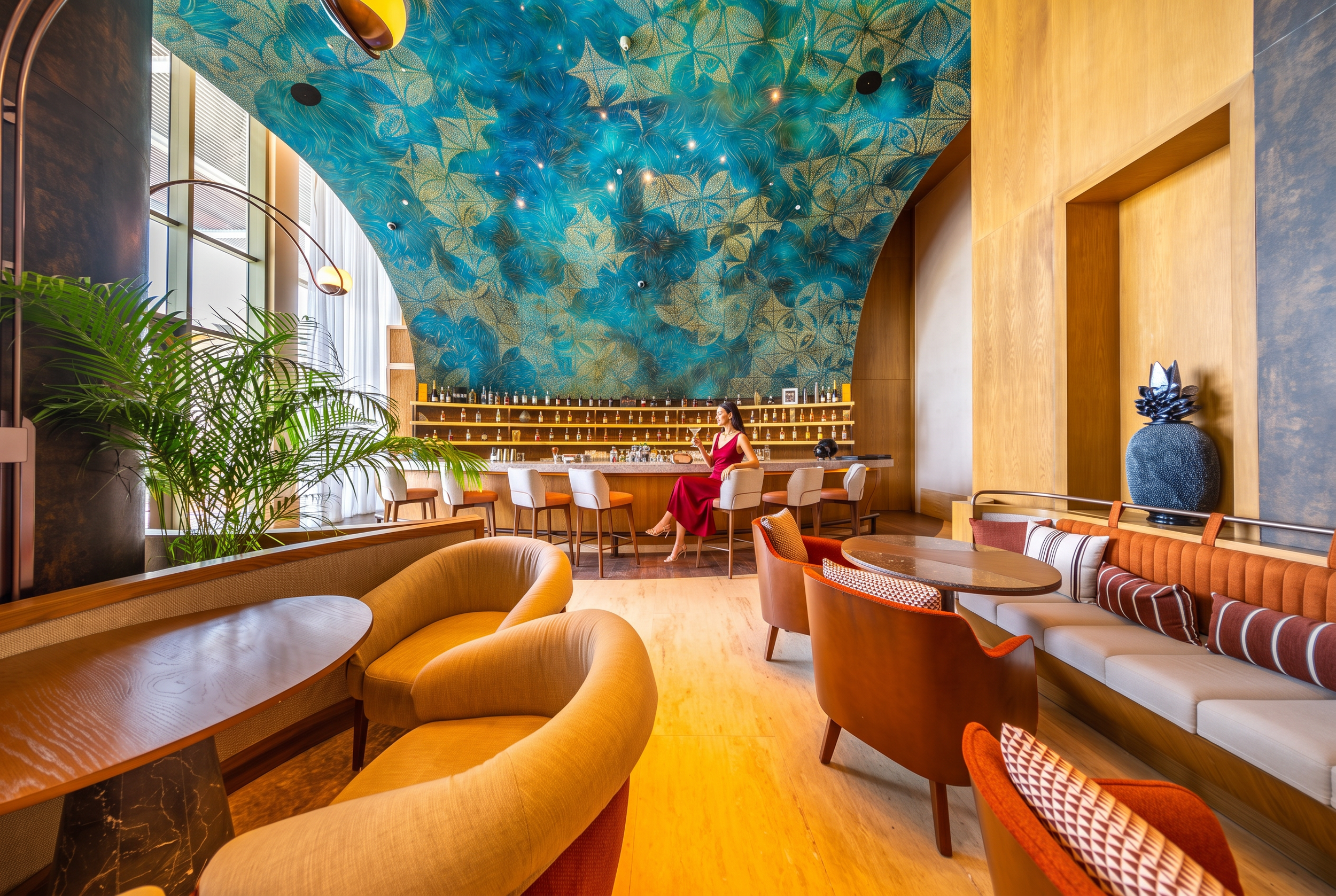 Interior of a stylish lounge or restaurant with colorful orange, yellow, and red cushioned chairs, a bar with bottled drinks, a woman in a red dress sitting at the bar, large decorative blue and gold patterned ceiling, large windows with white curtains, green potted plant, and a dark decorative vase.