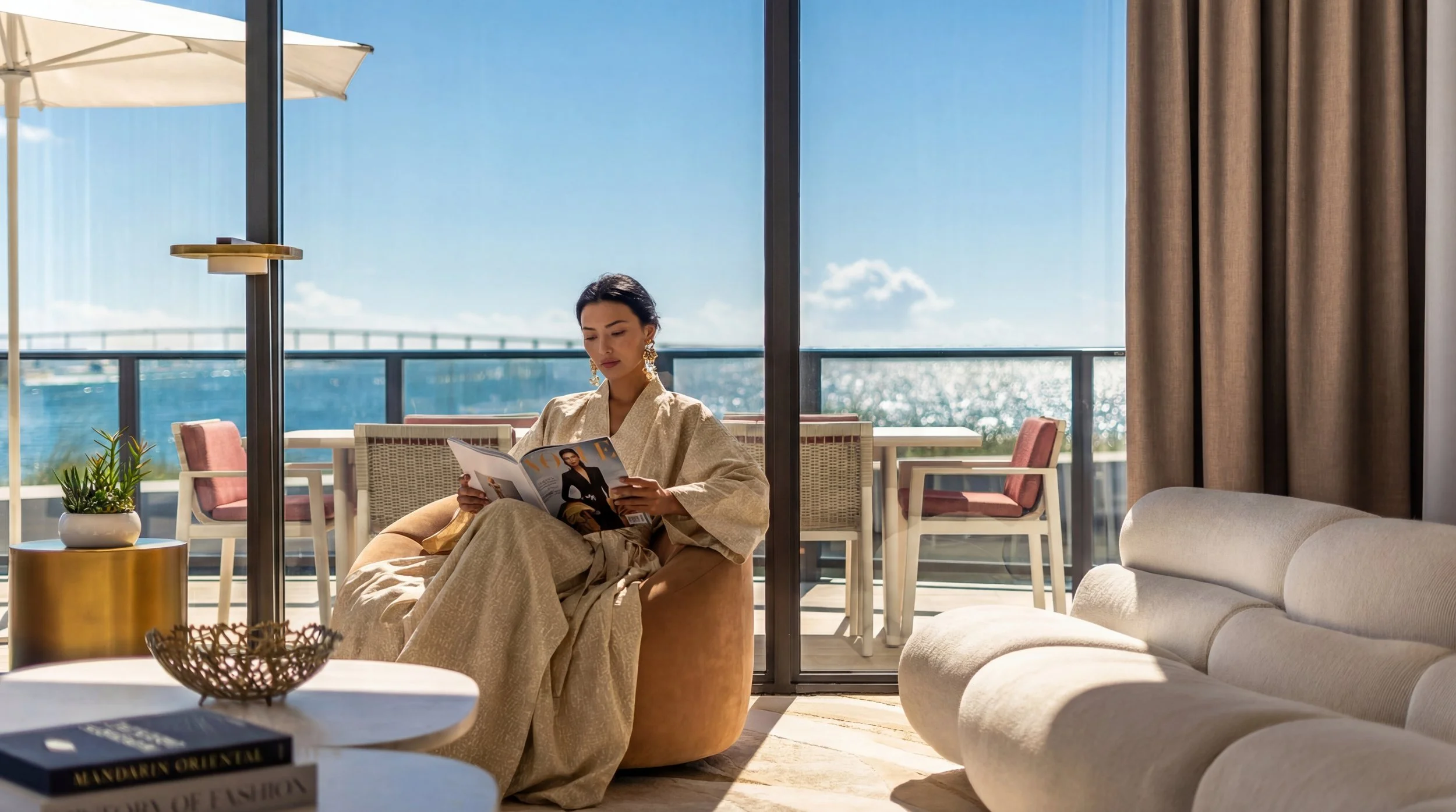 A woman wearing a beige outfit sitting on a circular ottoman in a living room, reading a magazine. The room has large glass doors with a view of the ocean, patio furniture, and curtains. There is a white sofa, a low table with books, and a potted pla