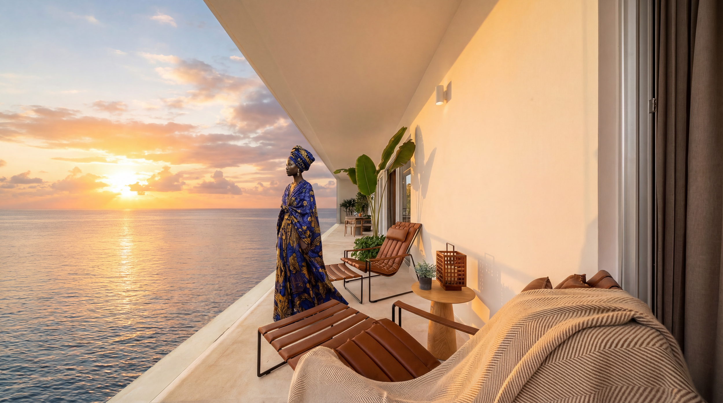 A woman in a blue and gold patterned dress and headwrap standing on a balcony at sunset overlooking a calm ocean.