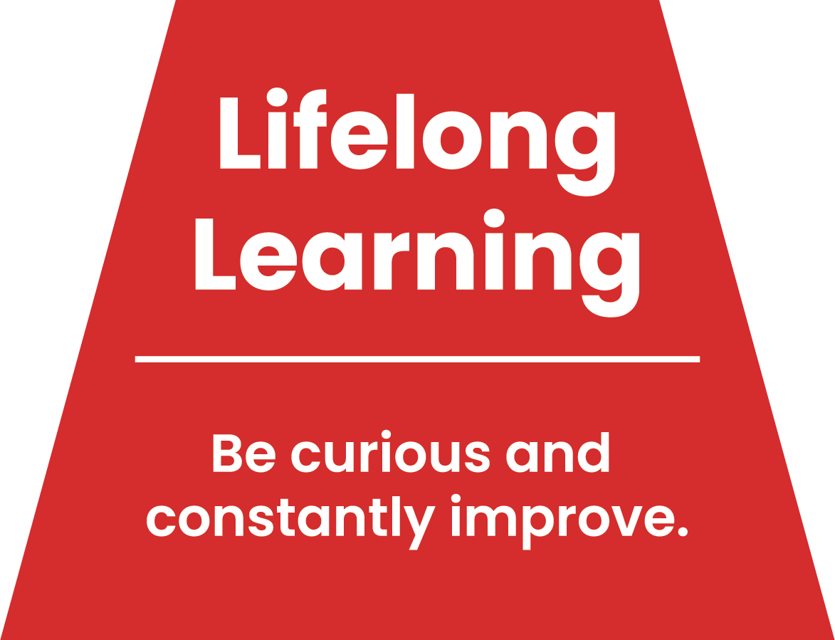 Red arrow-shaped sign with white text that says 'Lifelong Learning. Be curious and constantly improve.'