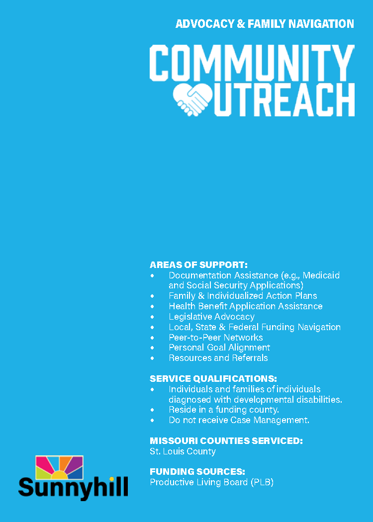 Blue informational poster titled 'Community Outreach' with support areas, service qualifications, Missouri counties served, and funding sources listed, and a logo at the bottom left corner.