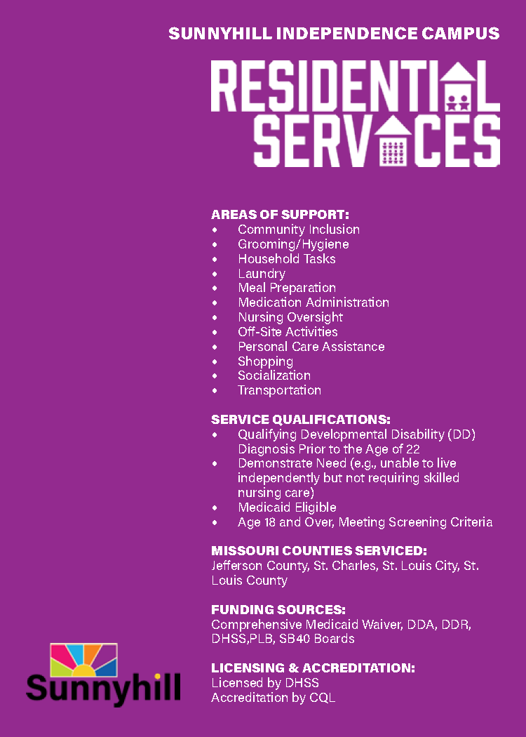 Purple informational poster for Sunnyhill Independence Campus Residential Services, listing support areas, service qualifications, counties served, funding sources, and licensing information, with Sunnyhill logo at the bottom.
