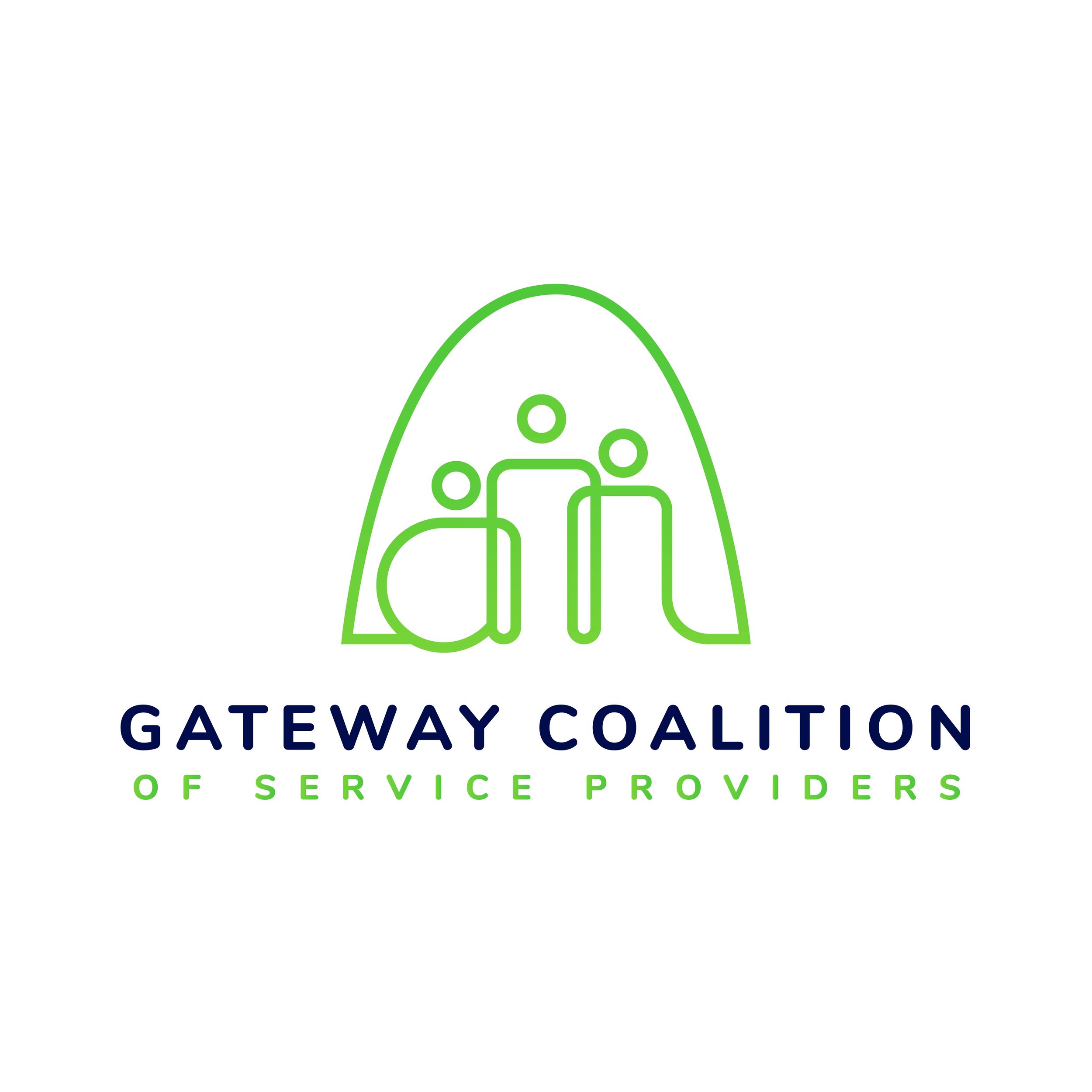 Logo for Gateway Coalition of Service Providers, featuring a stylized green mountain with circles and a small circle beneath, with text below reading 'Gateway Coalition of Service Providers' in blue and green.