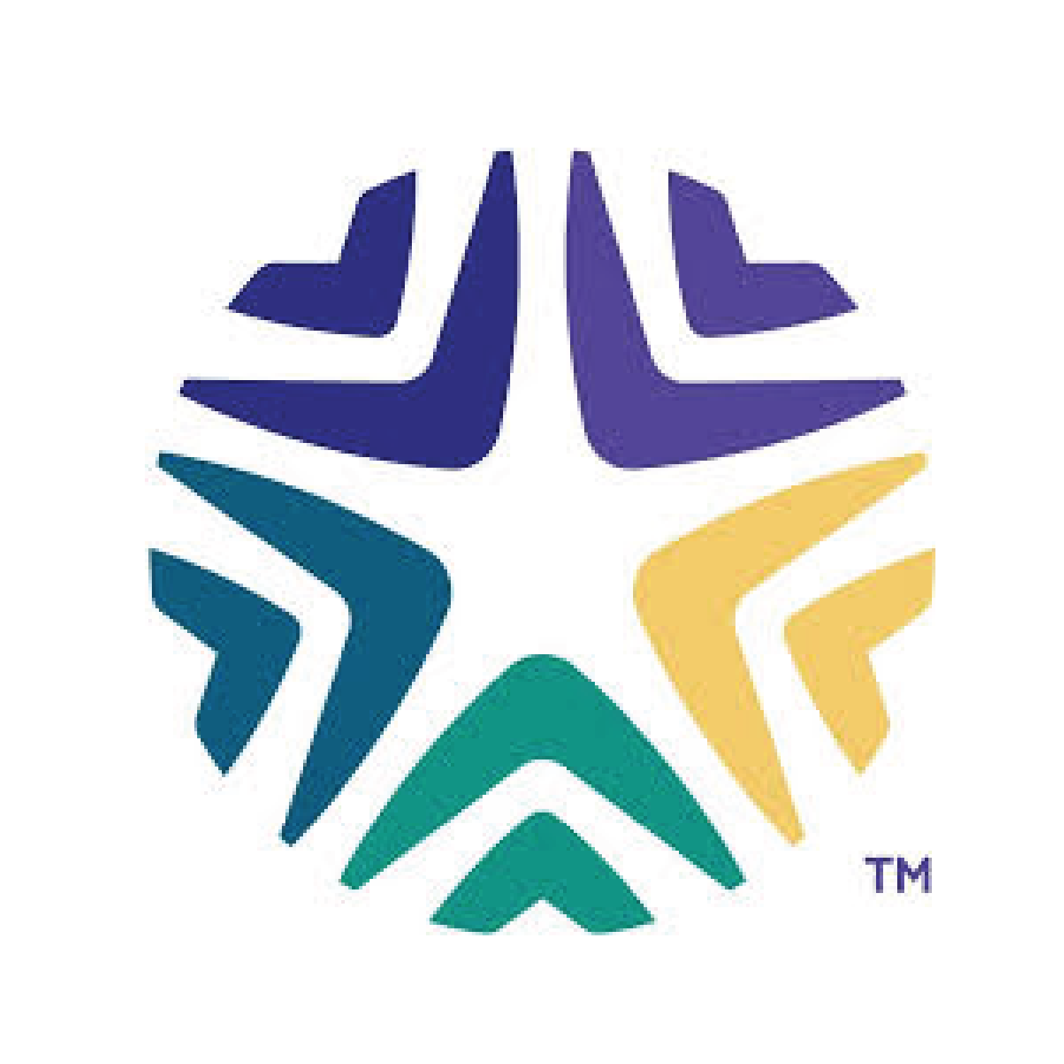 A colorful, symmetrical logo featuring five stylized birds or wings in purple, blue, teal, yellow, and green, arranged in a circular pattern.