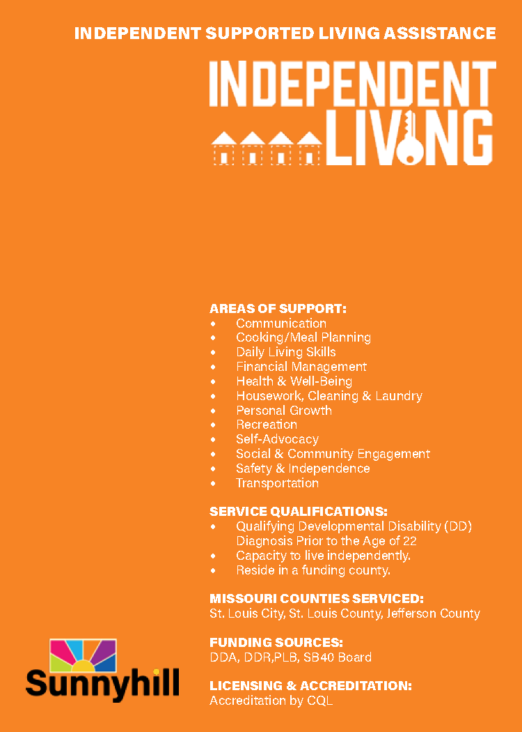 Orange poster for Sunnyhill showing support services for independent living, including areas like communication, cooking, health, housework, and transportation; service qualifications; counties served; funding sources; and licensing info.