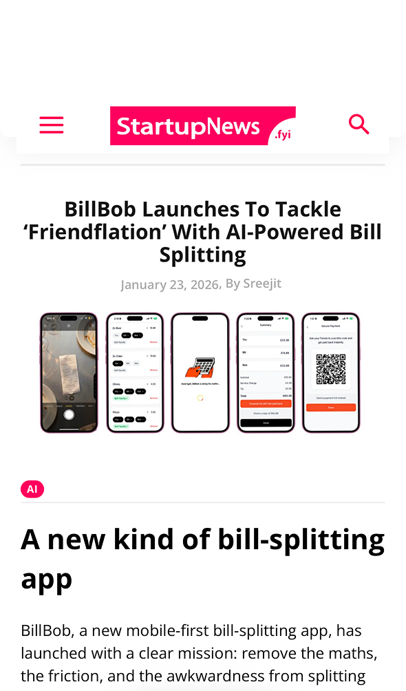 A press clipping from StartupNews showing an article about BillBob. The title reads 'BillBob: a new kind of bill-splitting app'