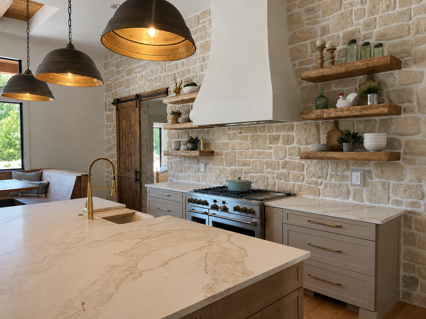 Modern kitchen with cream-colored marble countertop, stainless steel stove, white cabinetry, open wooden shelves with dishes, jars, and plants, stone accent walls, and black pendant lights.