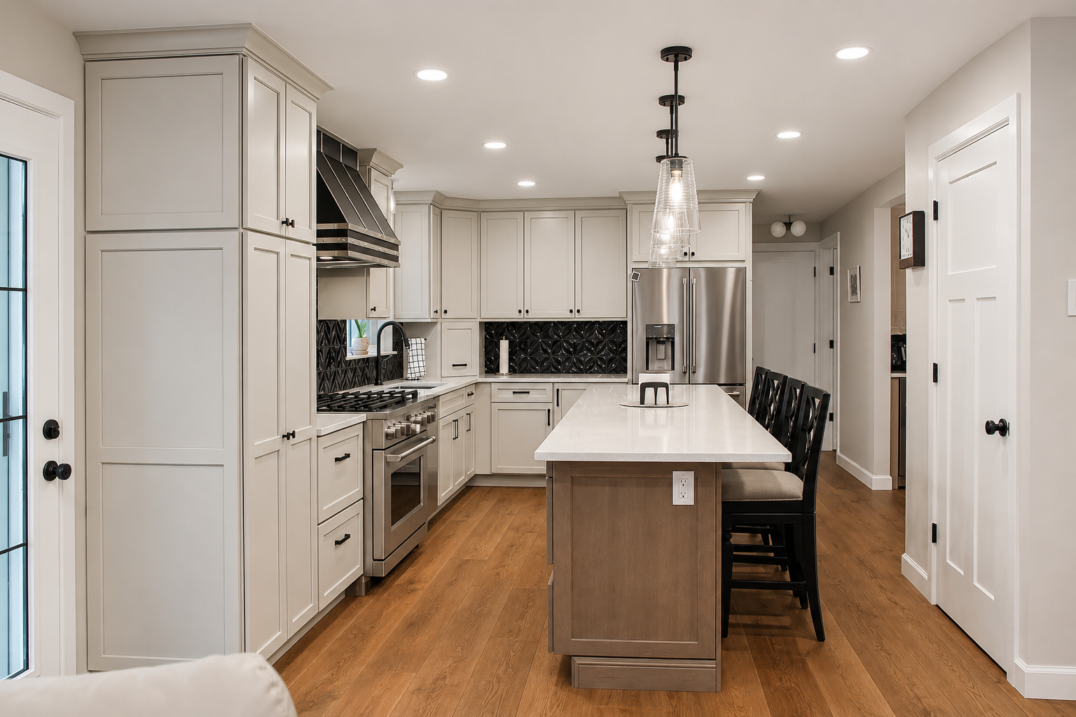 Modern kitchen with white cabinets, black backsplash, stainless steel appliances, wooden flooring, an island with barstools, and pendant lighting.