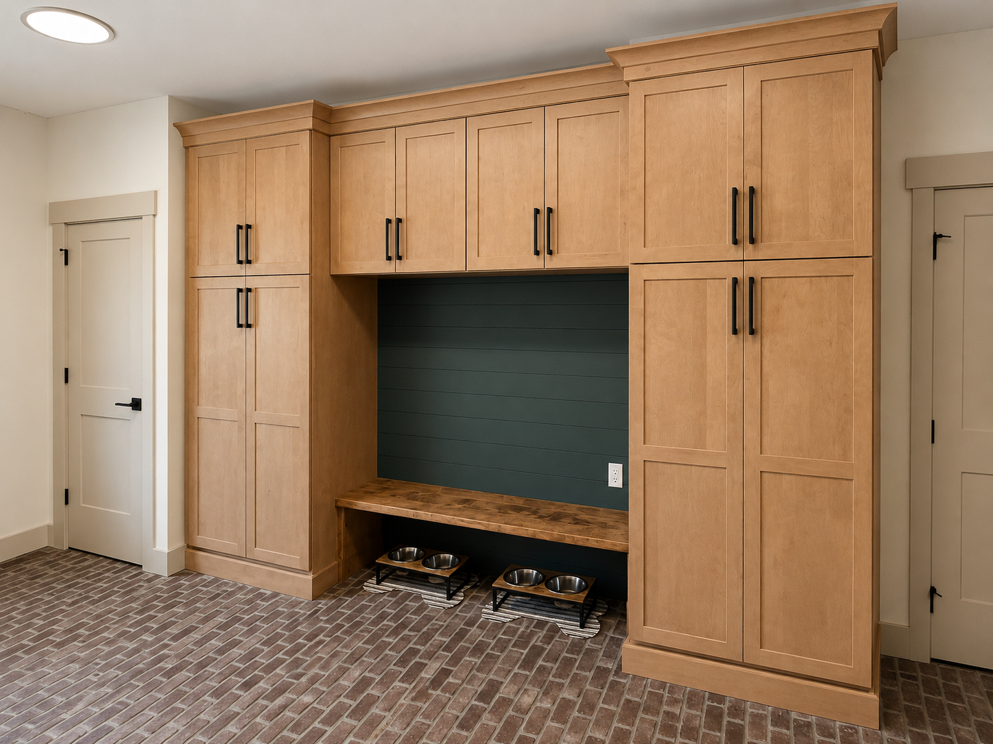 A built-in wooden cabinet in a room with brick floor, featuring a dark green back panel, a wooden bench with two animal bowls underneath, and black handles on the cabinet doors.