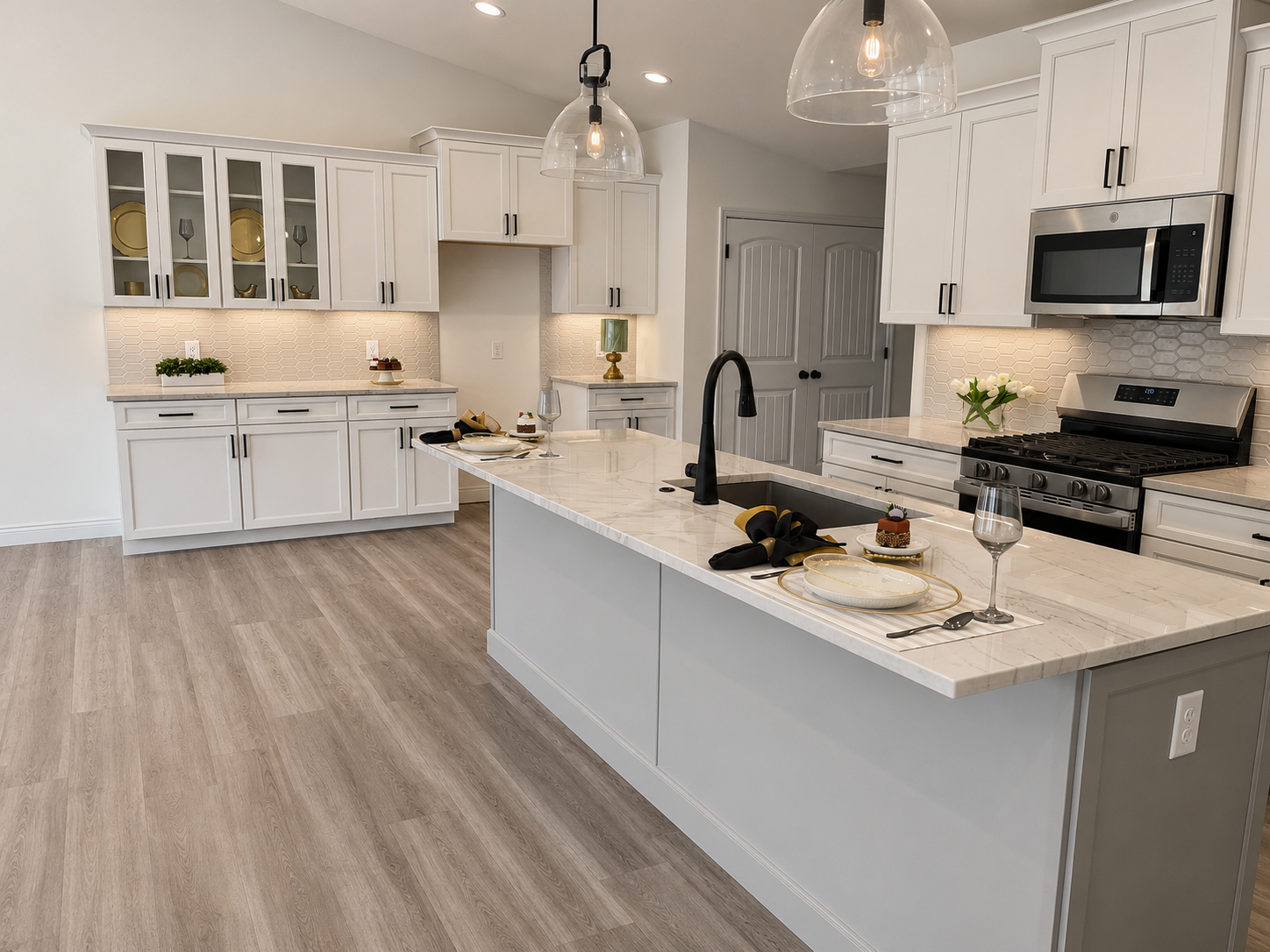 Modern kitchen with white cabinets, marble countertops, wood flooring, stainless steel appliances, hanging pendant lights, and decorative table settings.