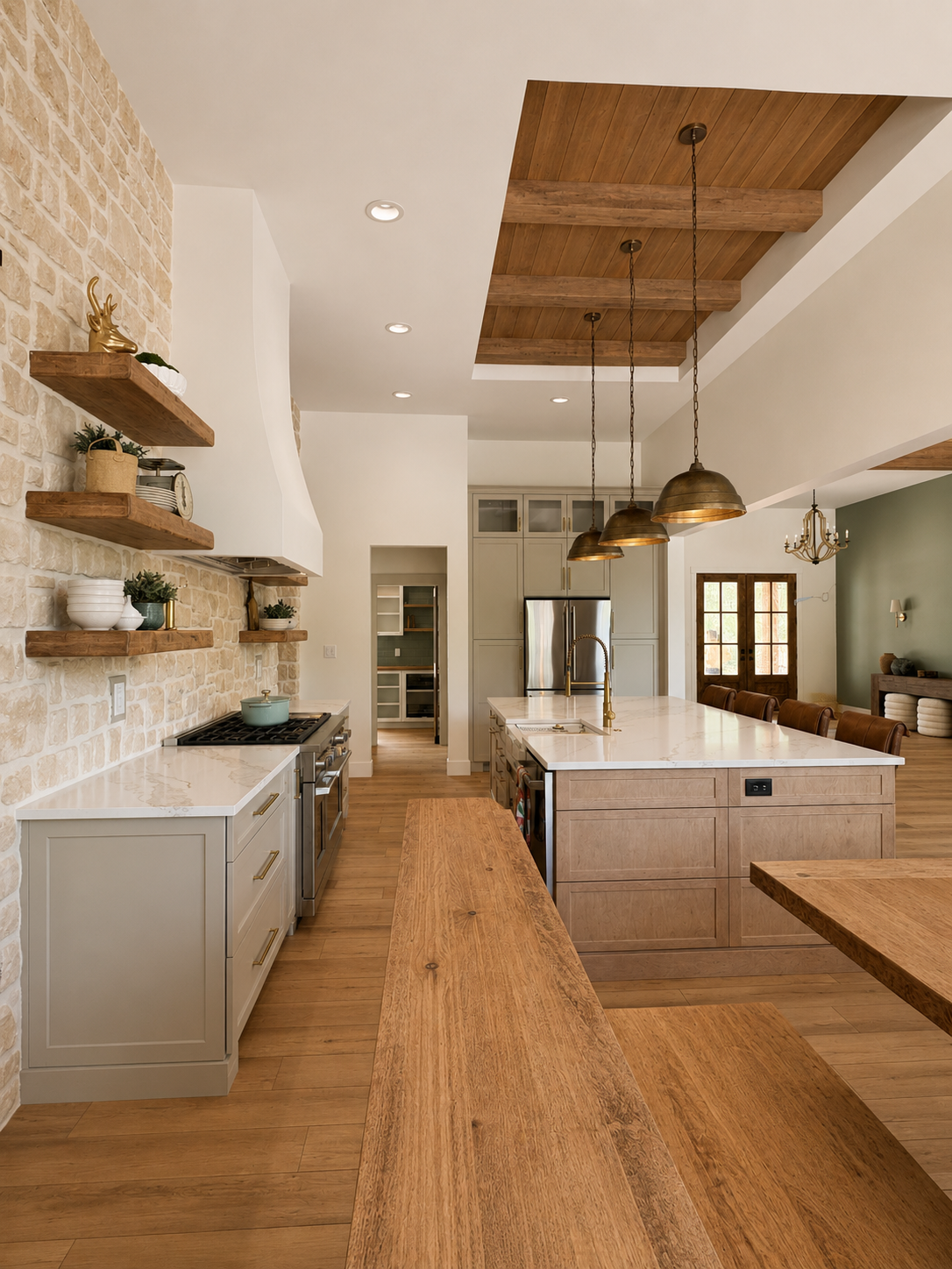 A modern kitchen with a large island featuring a marble countertop, wooden cabinetry, pendant lights, a stainless steel refrigerator, open shelving with decorative items, and a mix of wood and stone design elements.