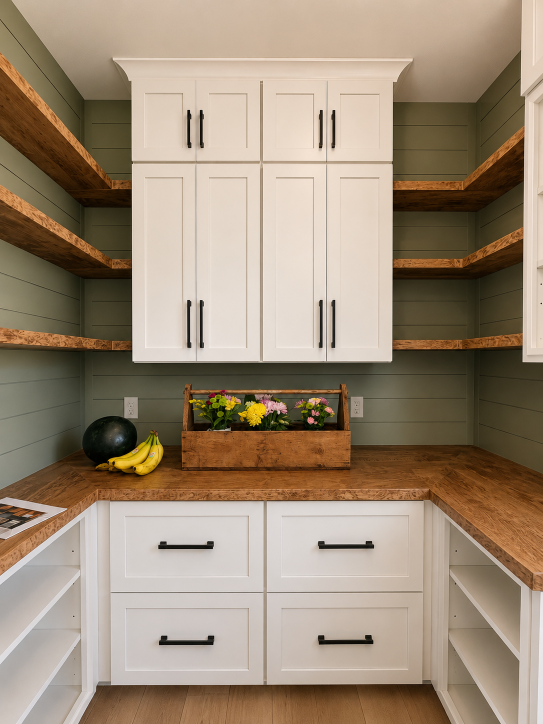 A modern kitchen pantry with white cabinetry, wooden countertops, open shelves, a black ball, bananas, and a wooden box with colorful flowers.