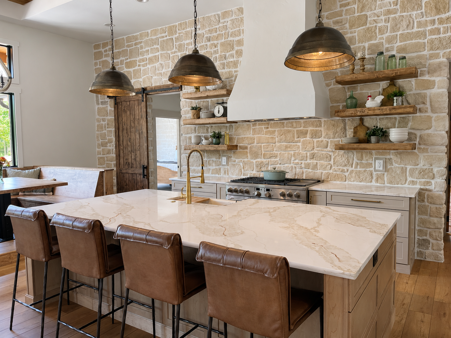Modern kitchen with a large marble island, brown leather barstools, and a cream-colored stone accent wall. Open shelving with dishes, vases, and plants, stainless steel stove, and gold faucet.