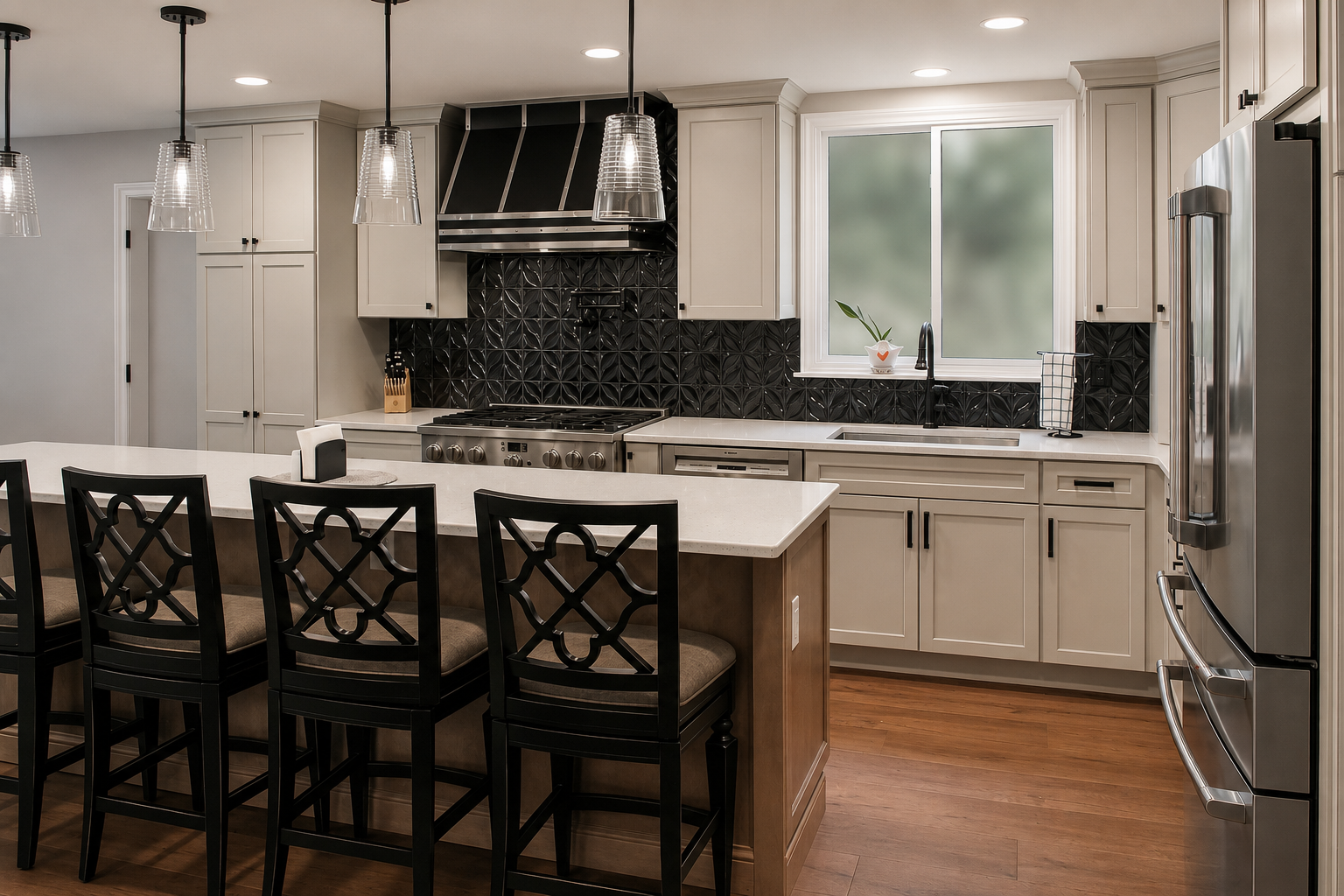 Modern kitchen with black and white cabinetry, black backsplash, stainless steel appliances, and a kitchen island with four black chairs.