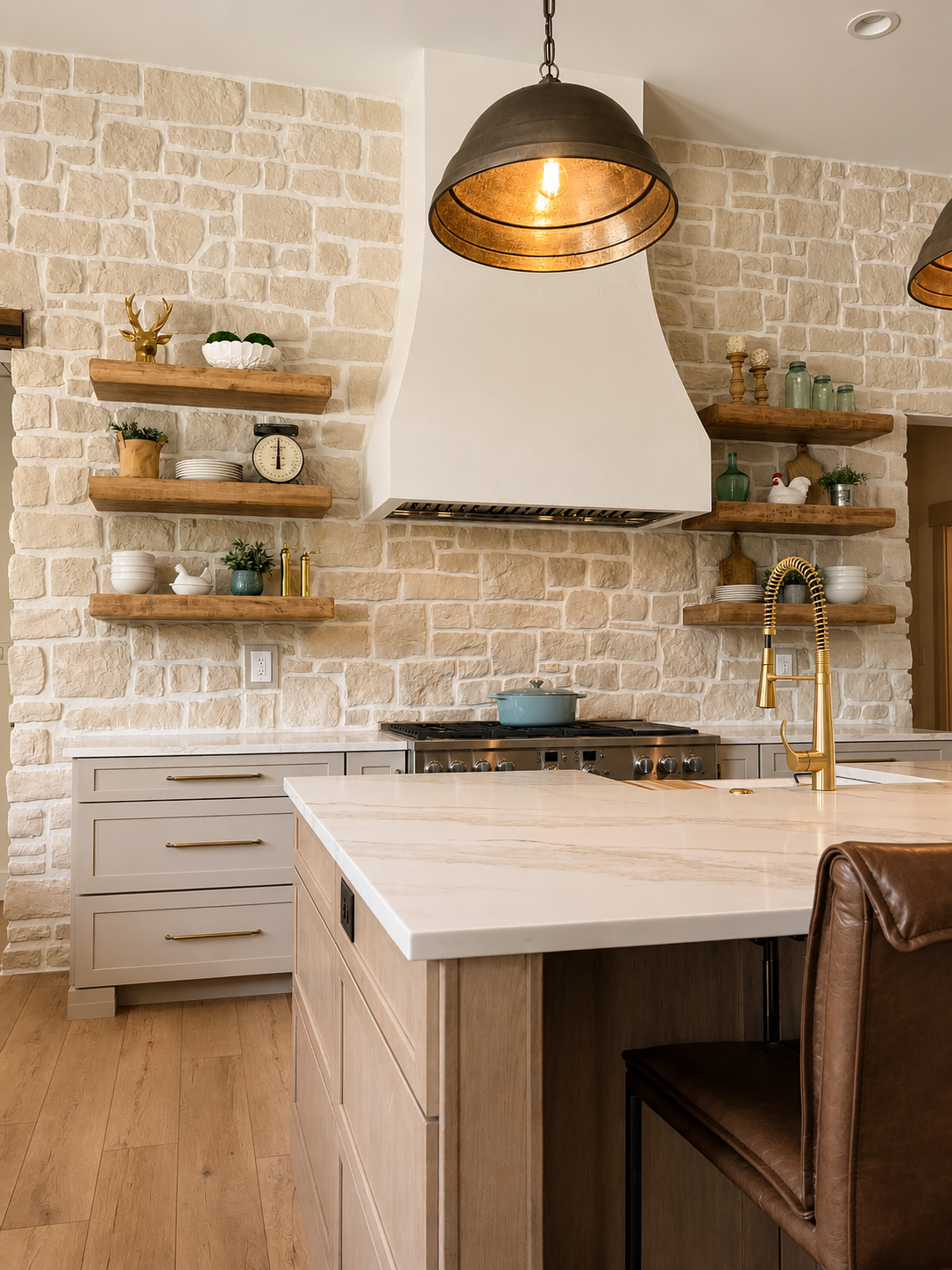 Modern kitchen with beige brick wall, white range hood, gold faucet, wooden shelves with decor, and marble island countertop.