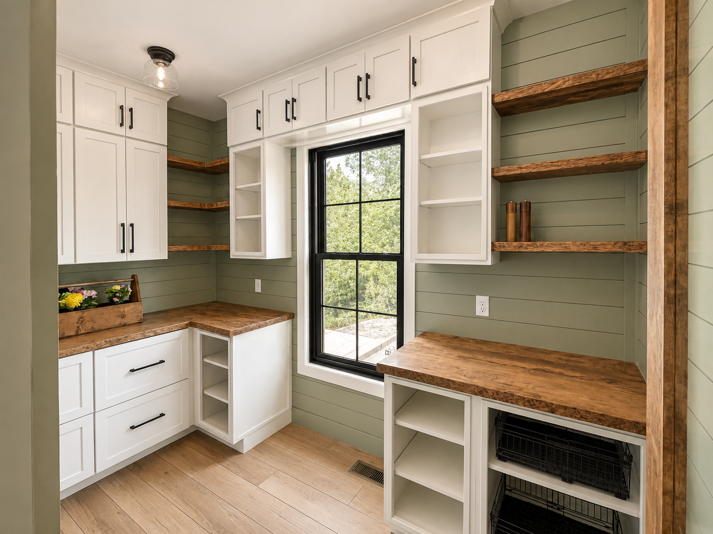 Empty kitchen or pantry with white cabinets, wooden countertops, green shiplap walls, open shelves, a window with black frame, and light wooden flooring.