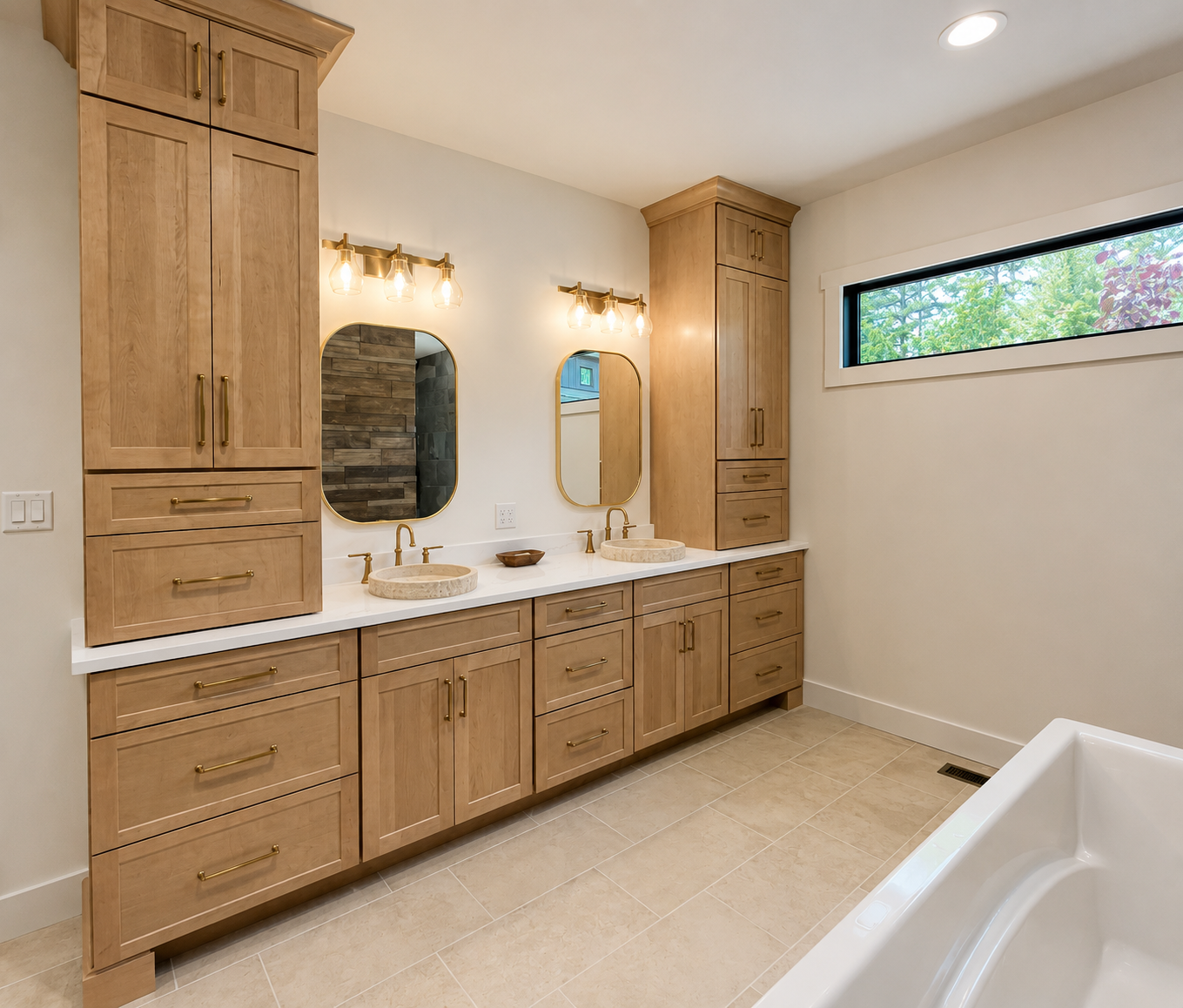 A modern bathroom with double vanity featuring wooden cabinets, two oval mirrors, and brass fixtures, alongside a window showing greenery outside.