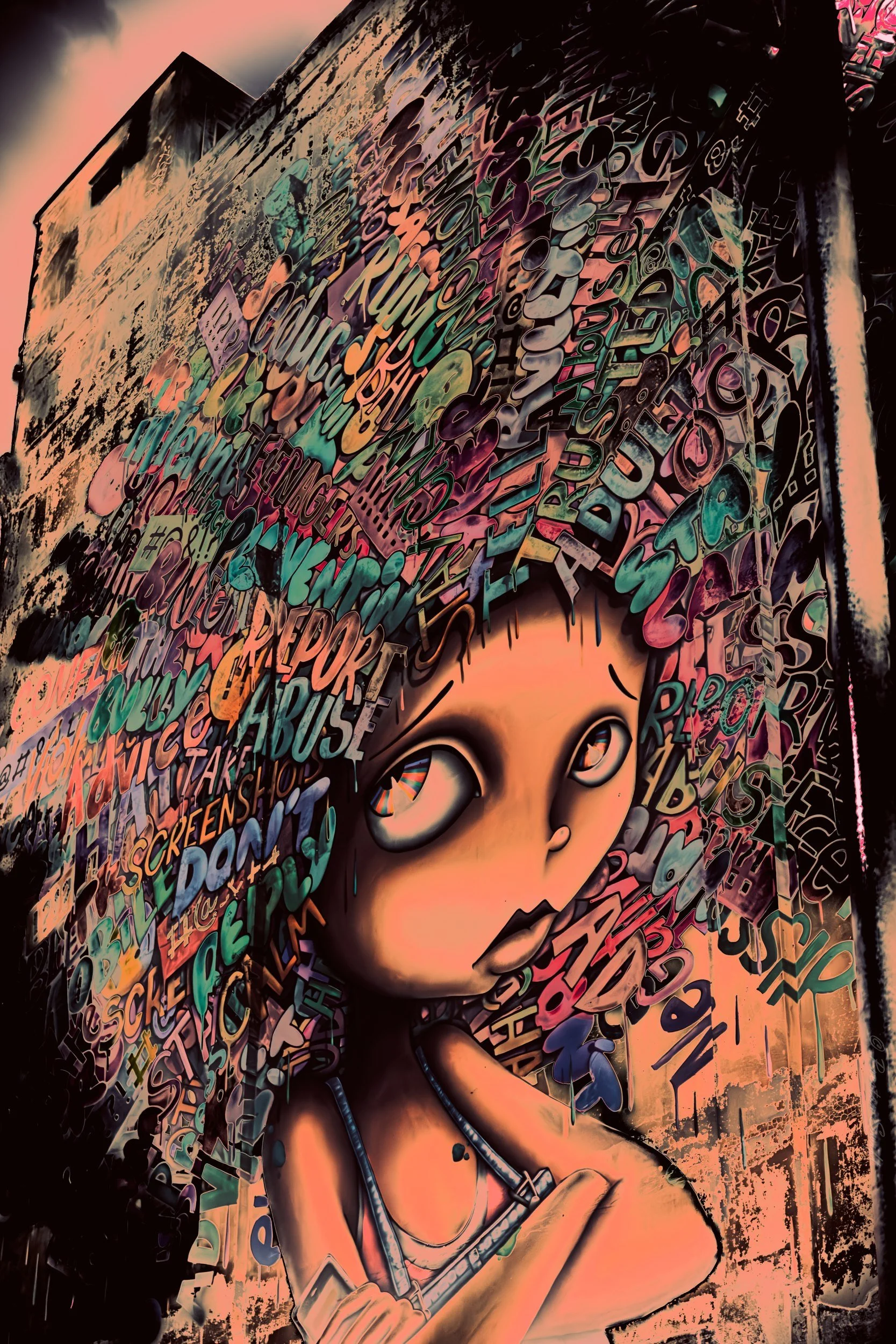 A street artist's portrait wall near Main Street.