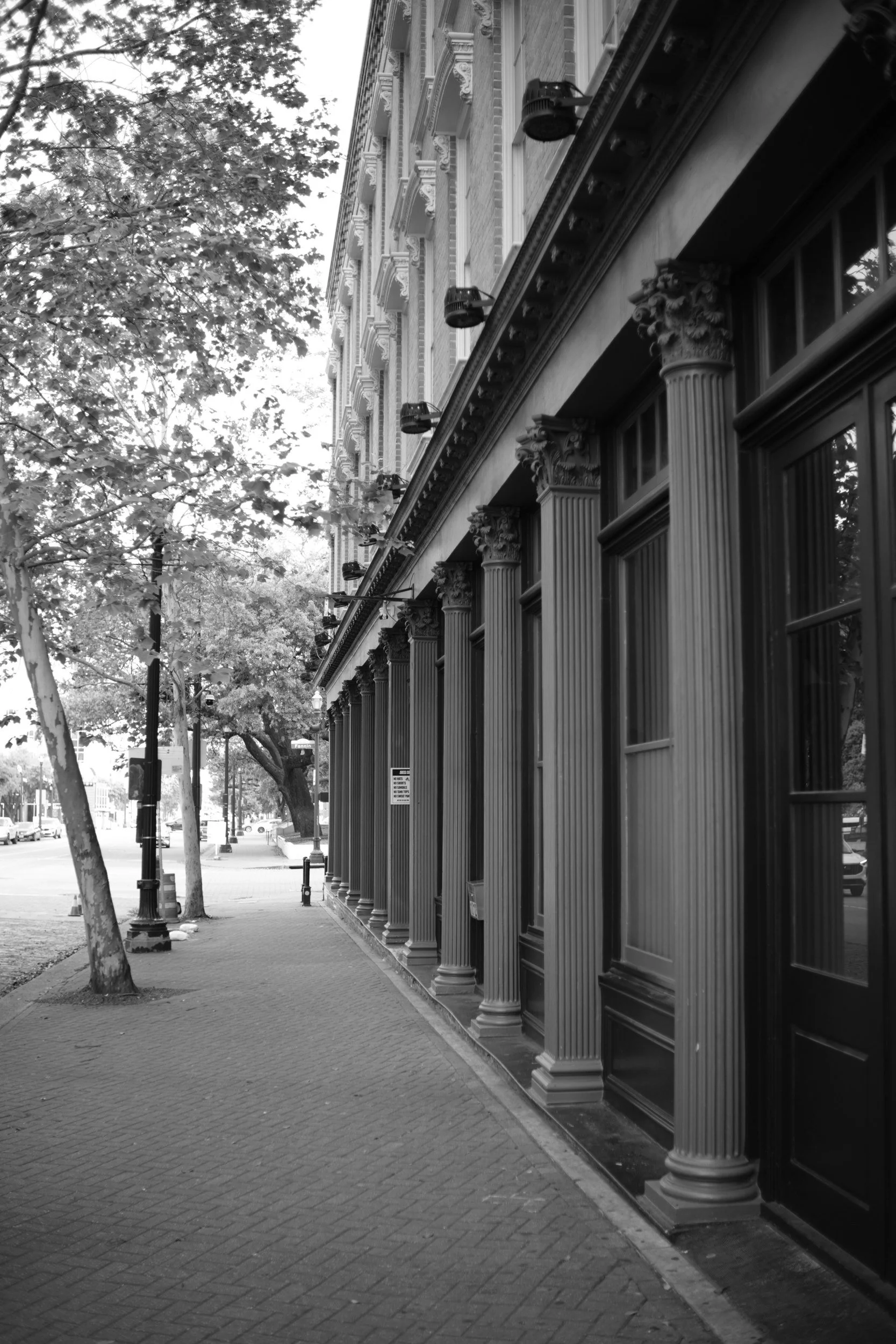 A columned walkway on Main Street.