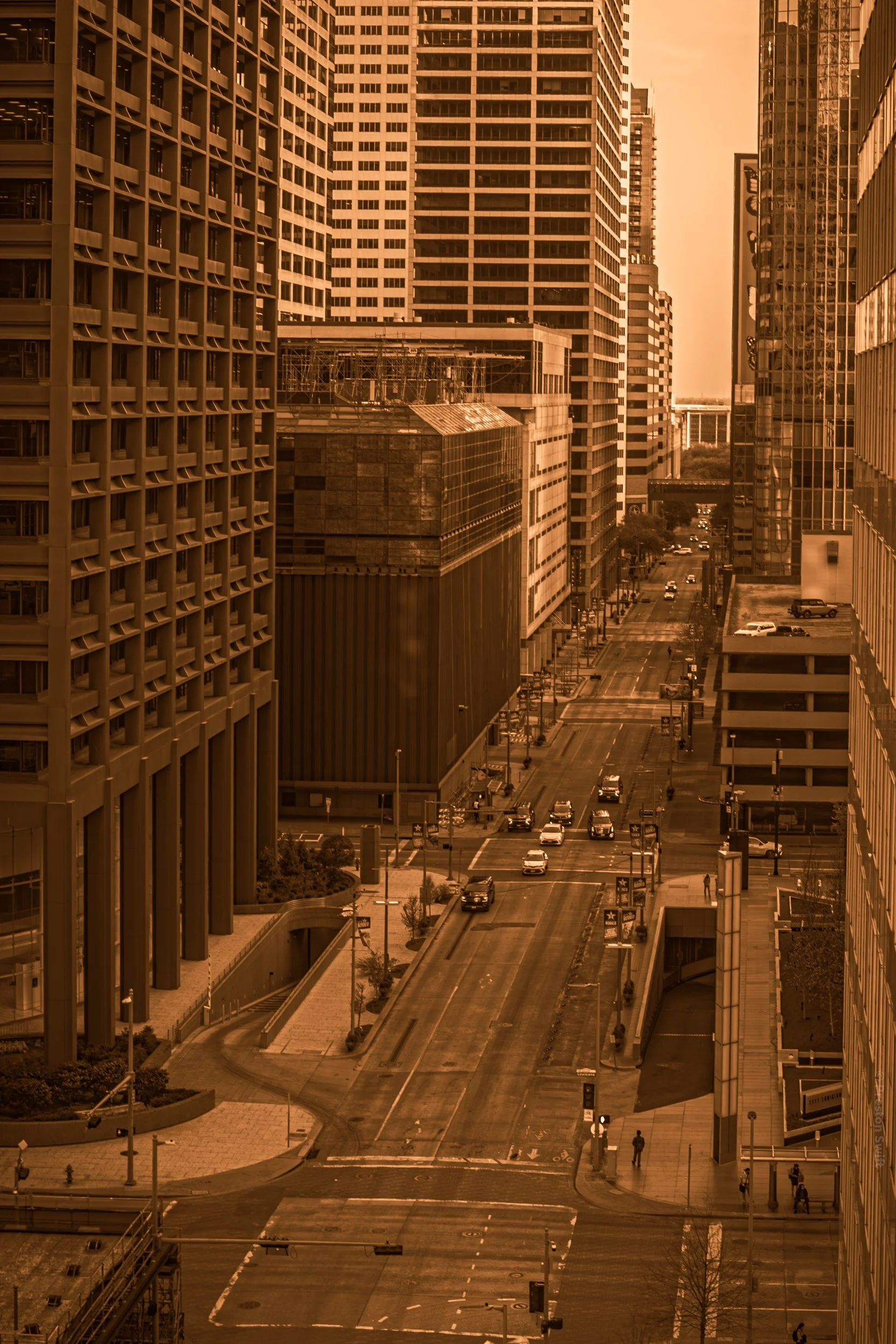 Looking down Main Street from above in sepia light.