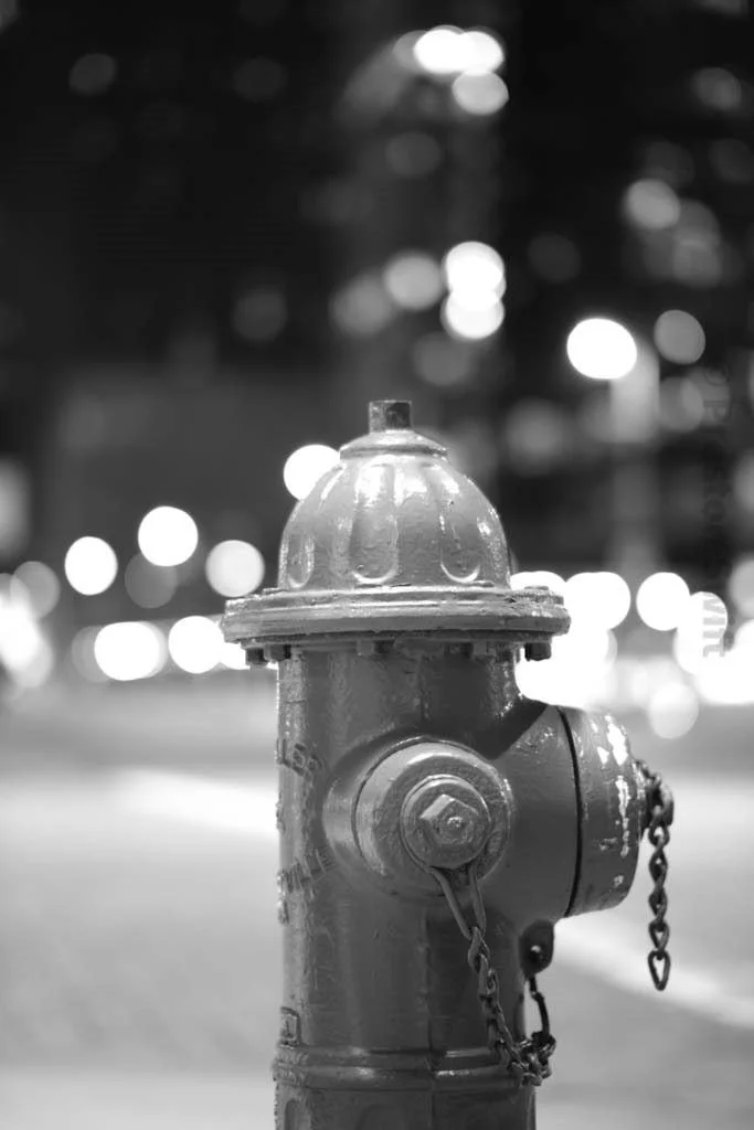 A silver hydrant against the night bokeh of Main Street.