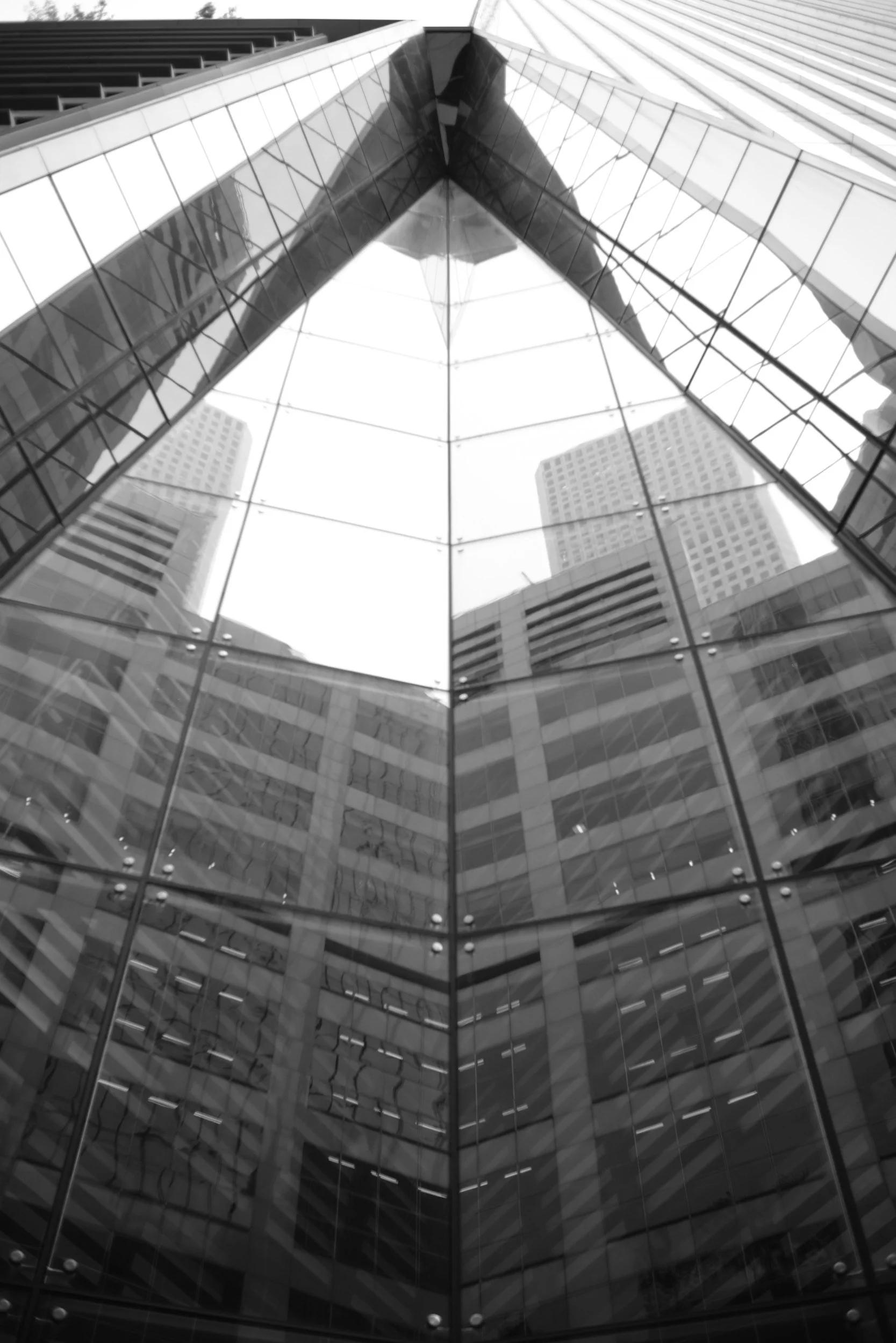 A glass tower folded into its own reflection.