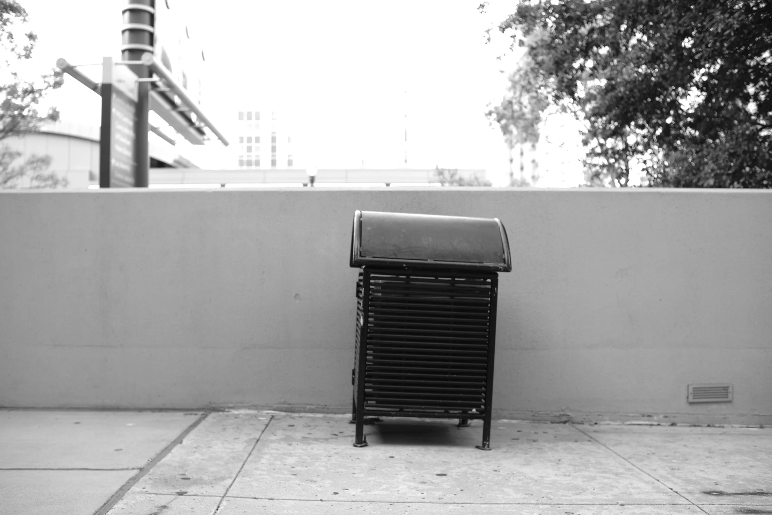 A trash enclosure holding court against a blank wall.