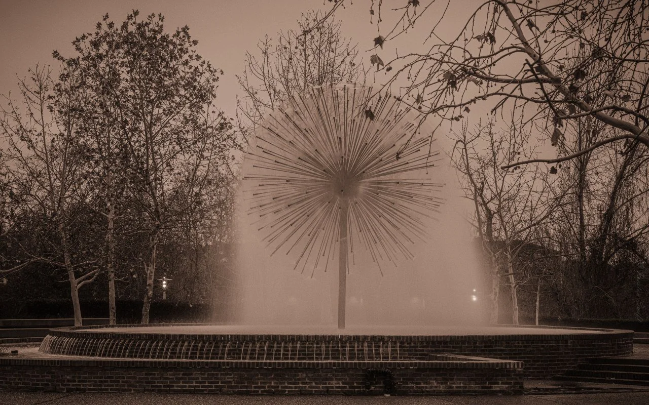 The Gus Wortham fountain on a foggy morning — a dandelion made of water.