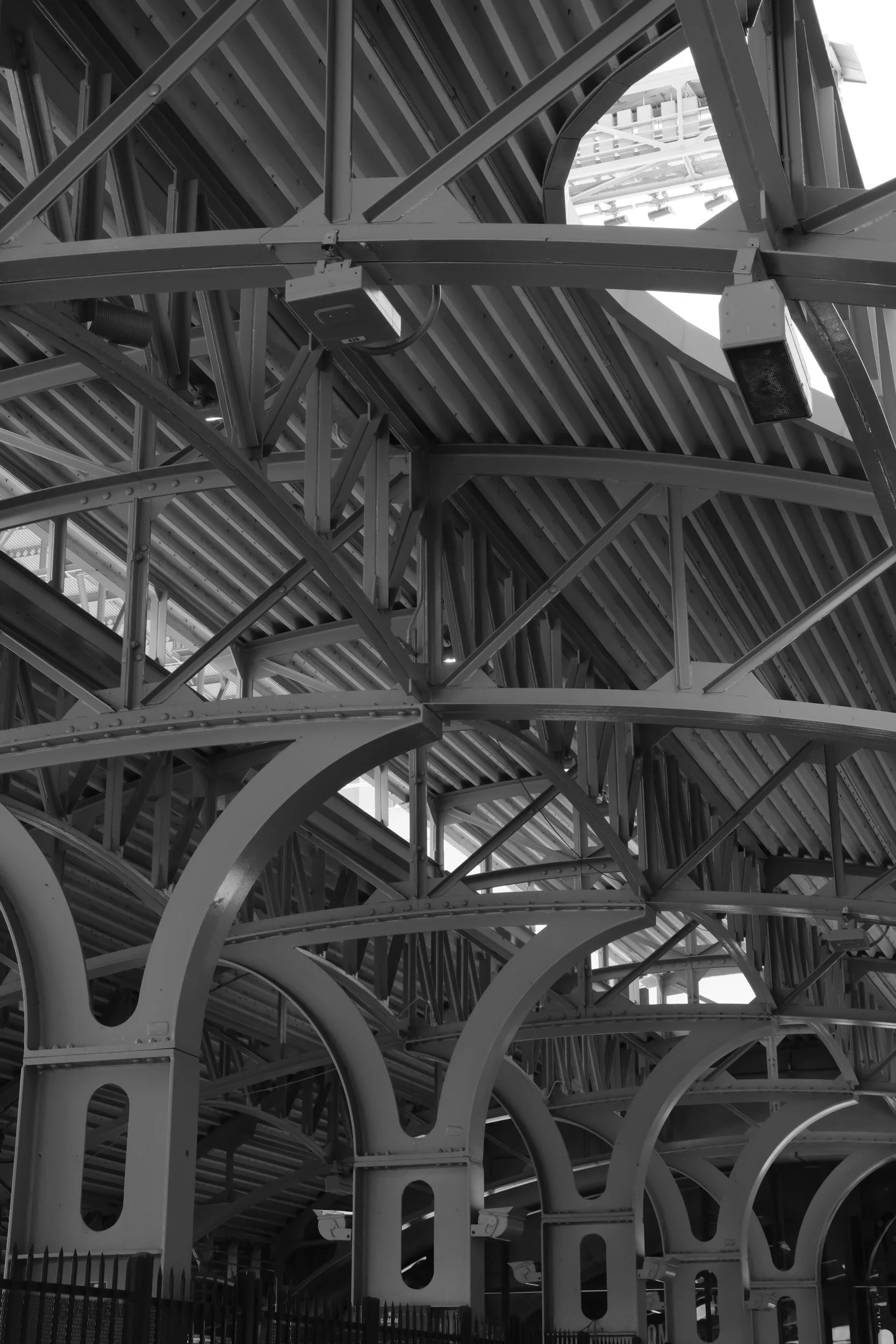 The steel ribs of a transit station canopy.